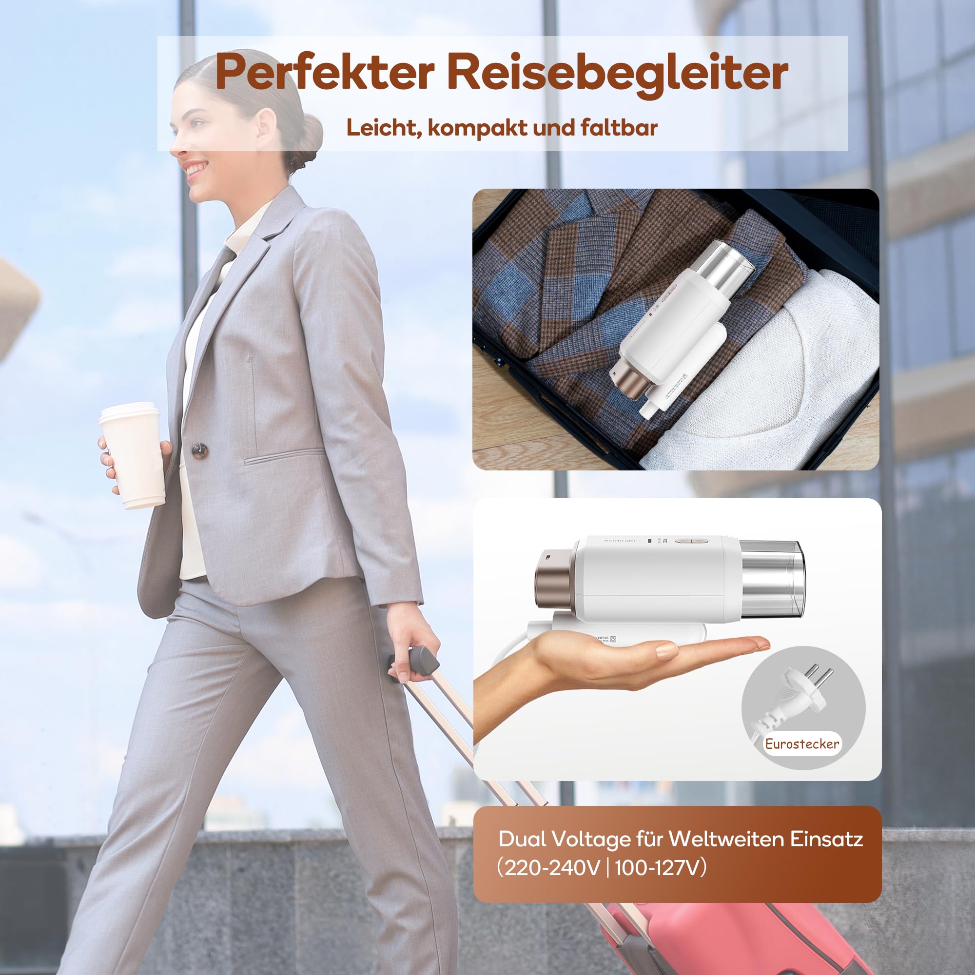 Newbealer Steamer Reise Dampfglätter, 2-in-1 Reisebügeleisen mit umschaltbarer Spannung - 220V/120V, 20s Schnelles Aufheizen, 1200W Klein & Leicht Dampfglätter für Globale Reise und Urlaub, Weiß