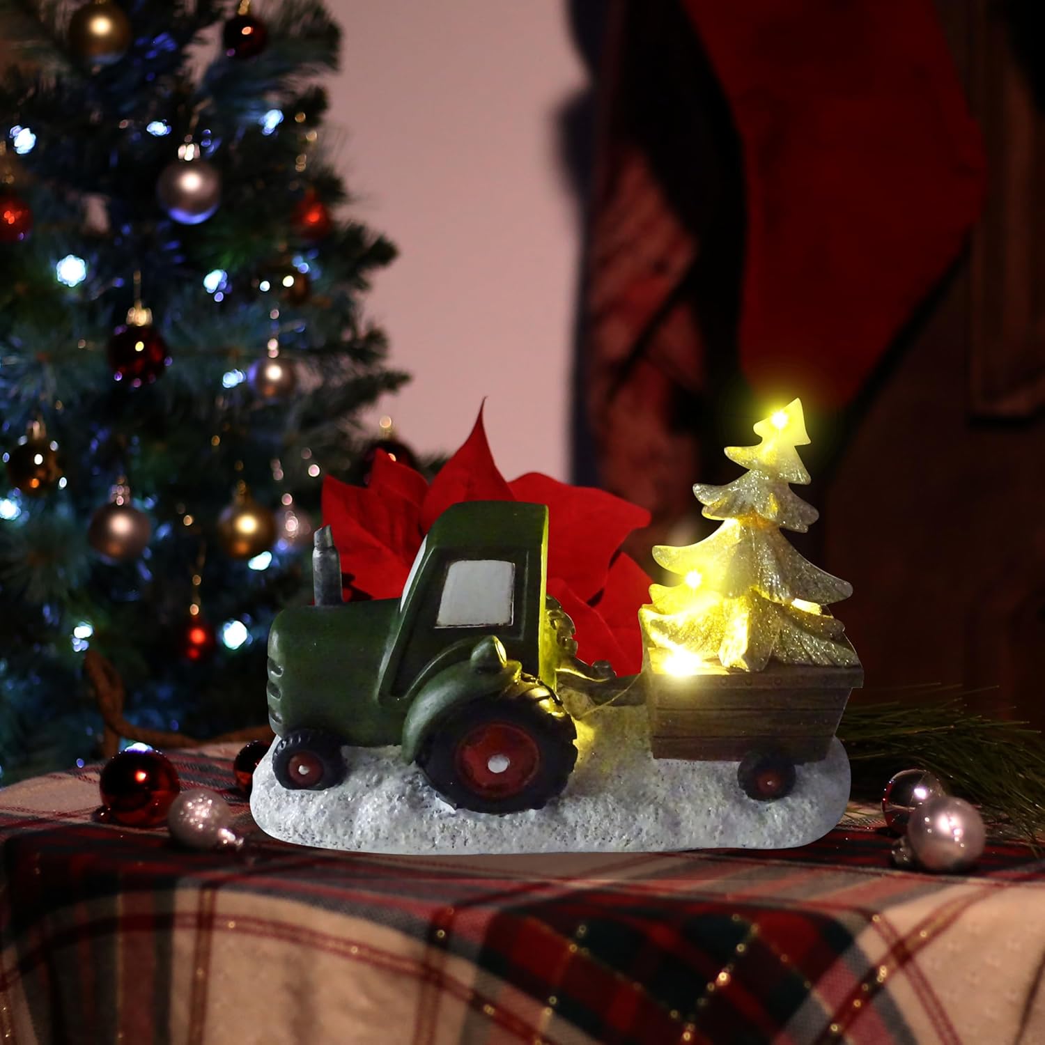Alpine Corporation Holiday Green Tractor Pulling Tree Statue with LED Lights 7" H - With Tree W/ Leds
