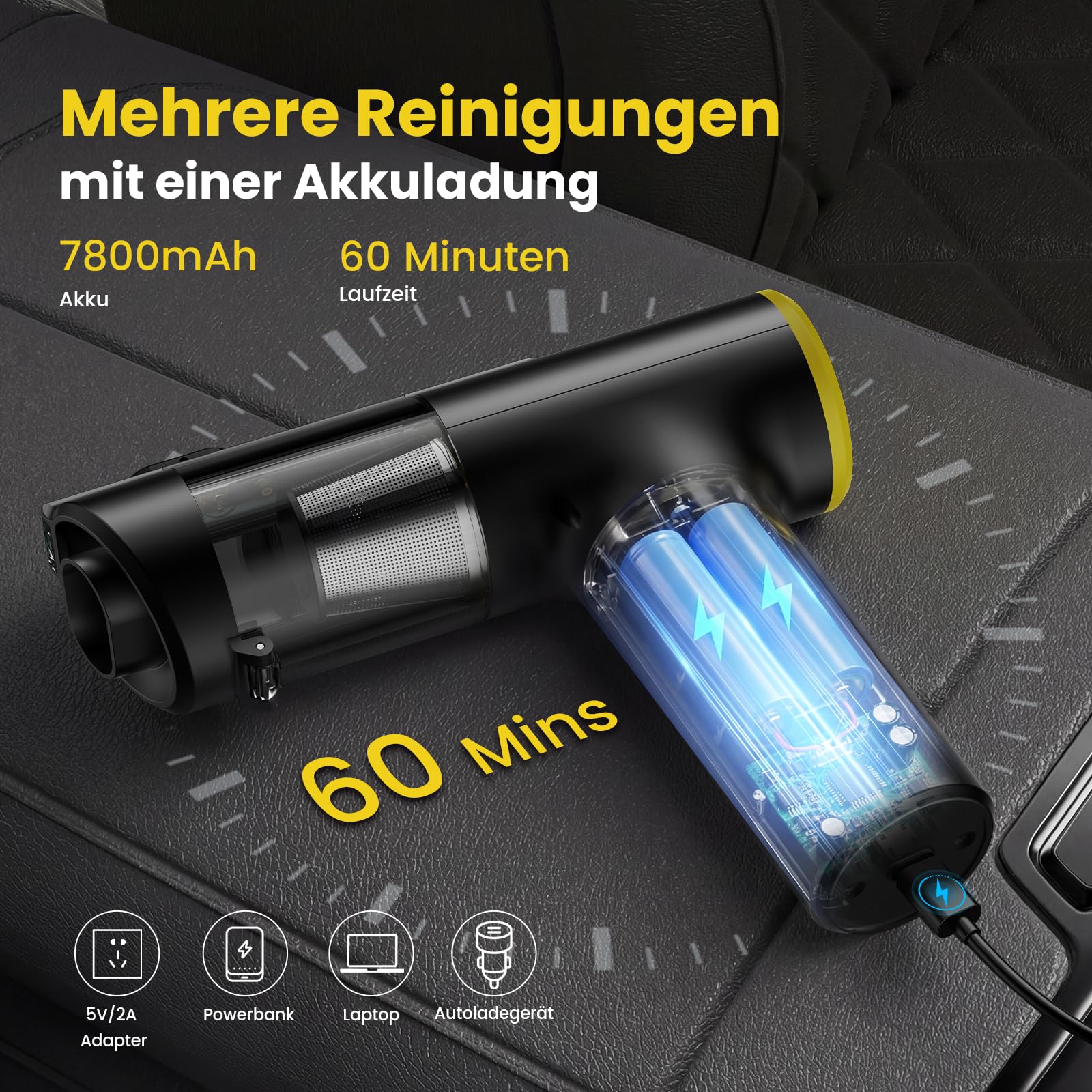 Handstaubsauger Akku Kabellos, 28000Pa Mini Autostaubsauger Stark Saugend, 7800mAh, 60 Min Laufzeit, 3-in-1 mit LED-Display und Bürstenlosem Motor für Auto, PC, Sofa, Küche