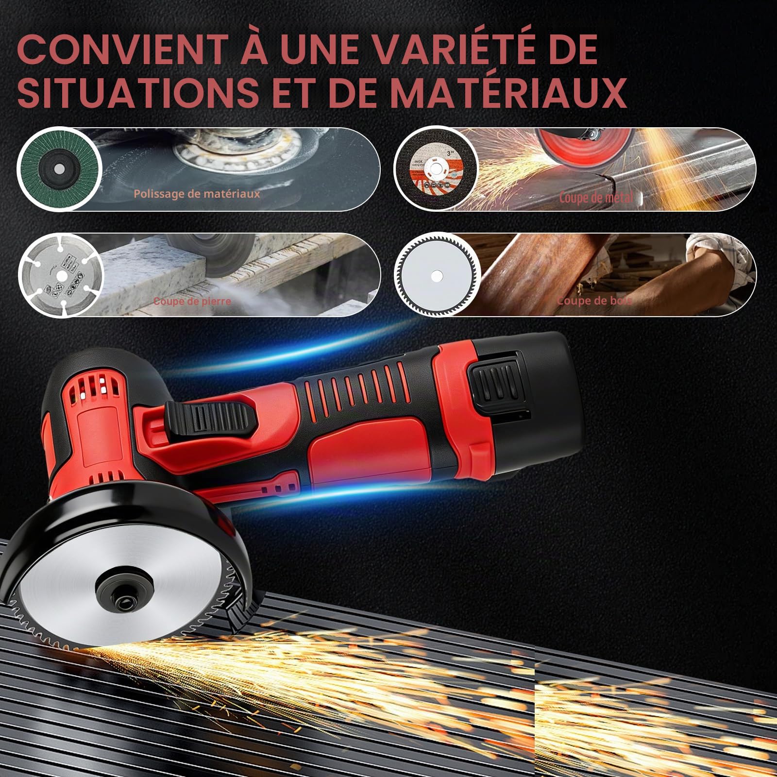 Mini meuleuse d'angle avec 2 batteries de 1200 mAh, meuleuse d'angle professionnelle sans fil, meuleuse d'angle avec 6 disques à tronçonner, pour couper, polir, poncer et dérouiller