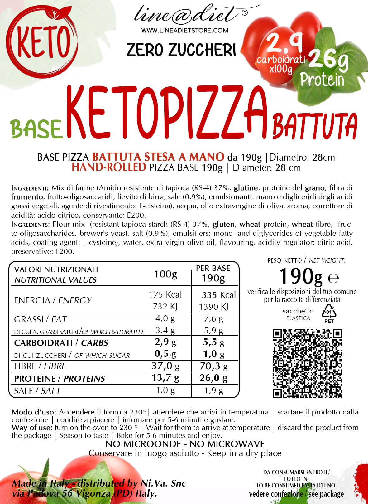 2 fonds de pizza keto Line@diet | 2 paquets de fonds de pizza sans sucre de 190 g, riches en protéines et en fibres | étalés à la main en Italie