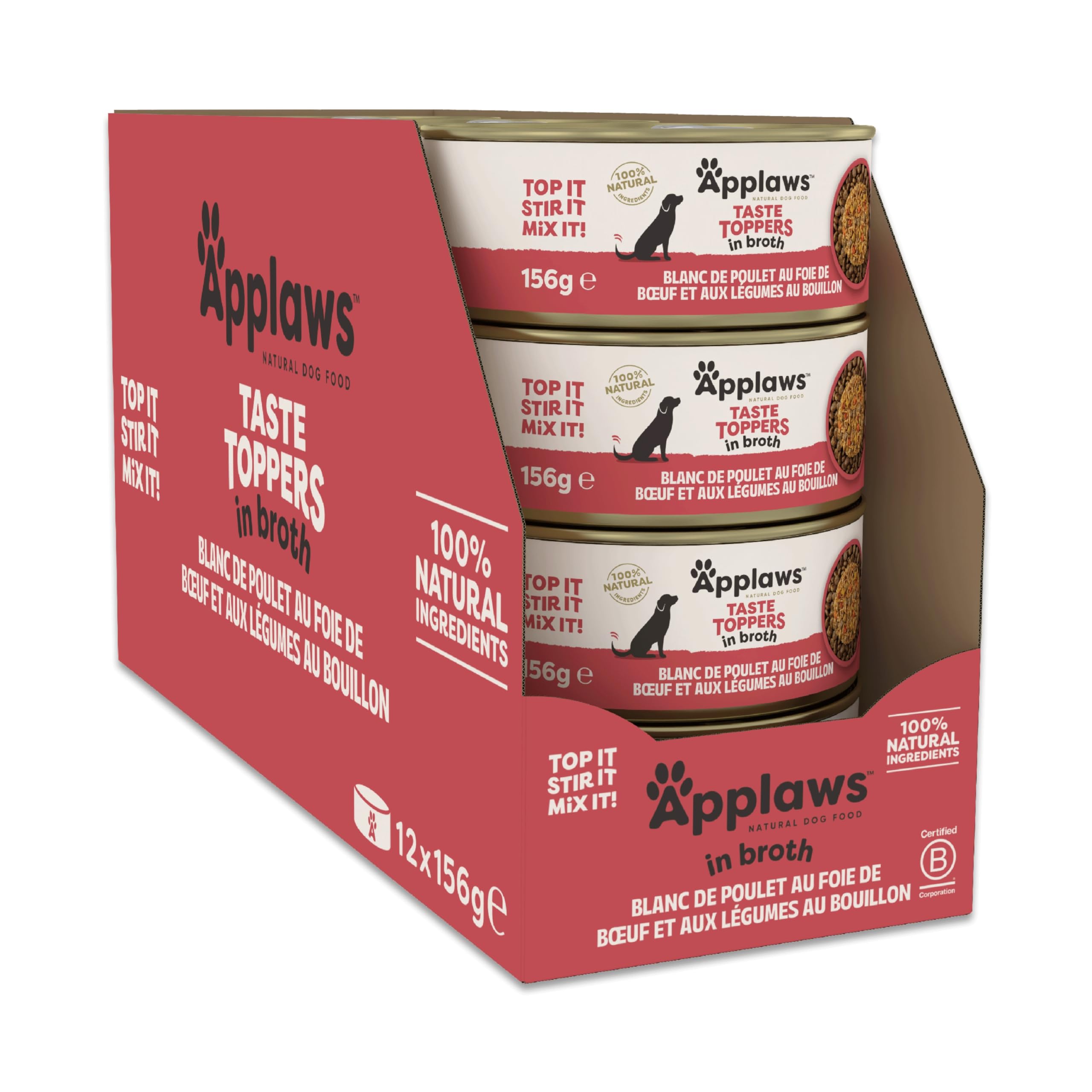 Applaws Nourriture Humide pour Chiens 100% Naturelle, Filet de Poulet au Foie de Boeuf en Bouillon Pour Chiens Adultes - Lot de 12 boîtes de 156 g