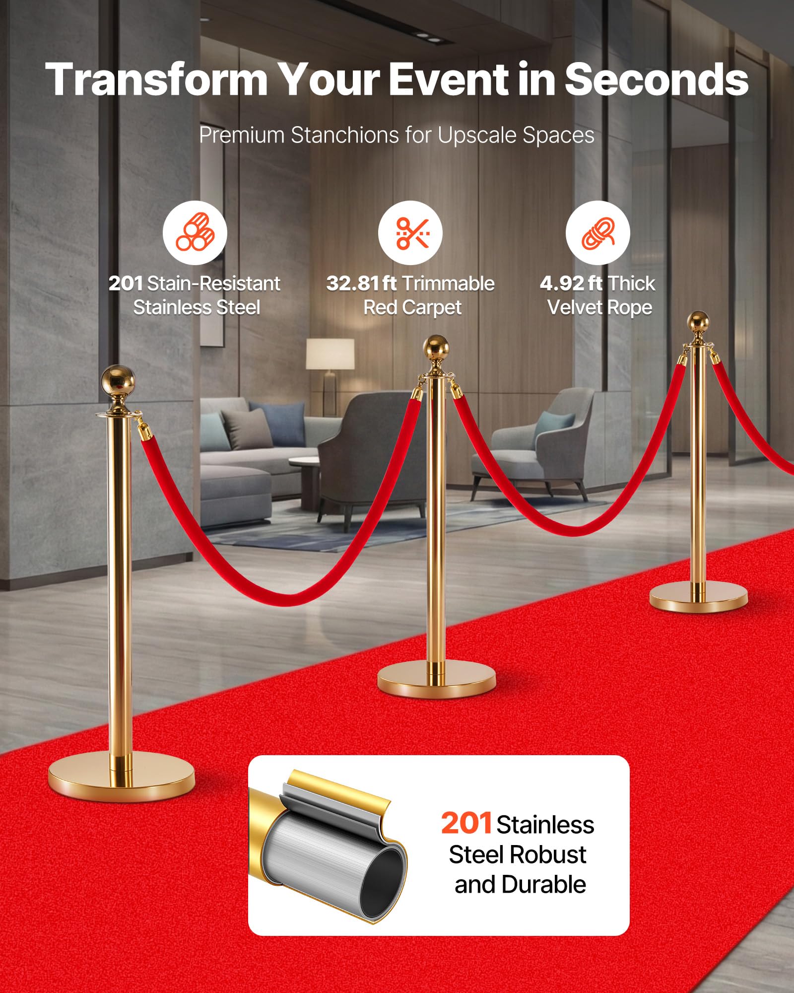 VEVOR Poste Guía de Barrera 8 Piezas con 6 Cuerdas de Terciopelo y Alfombra Roja, Barrera de Marcado de Control con Base, para Cola de Separación de Demarcación en Teatro Hotel Exposición, Dorado