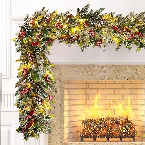 Miniatura 8 de Cindeer 4 guirnaldas de Navidad preiluminadas, total de 24 pies, guirnalda de Navidad iluminada con conos de pino, bayas rojas para interiores y