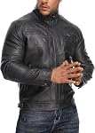 HOOD CREW Mens Retro Bomber Leather Jackets Stand Collar Faux Leather Motorcycle Jacket with Zipper Pockets