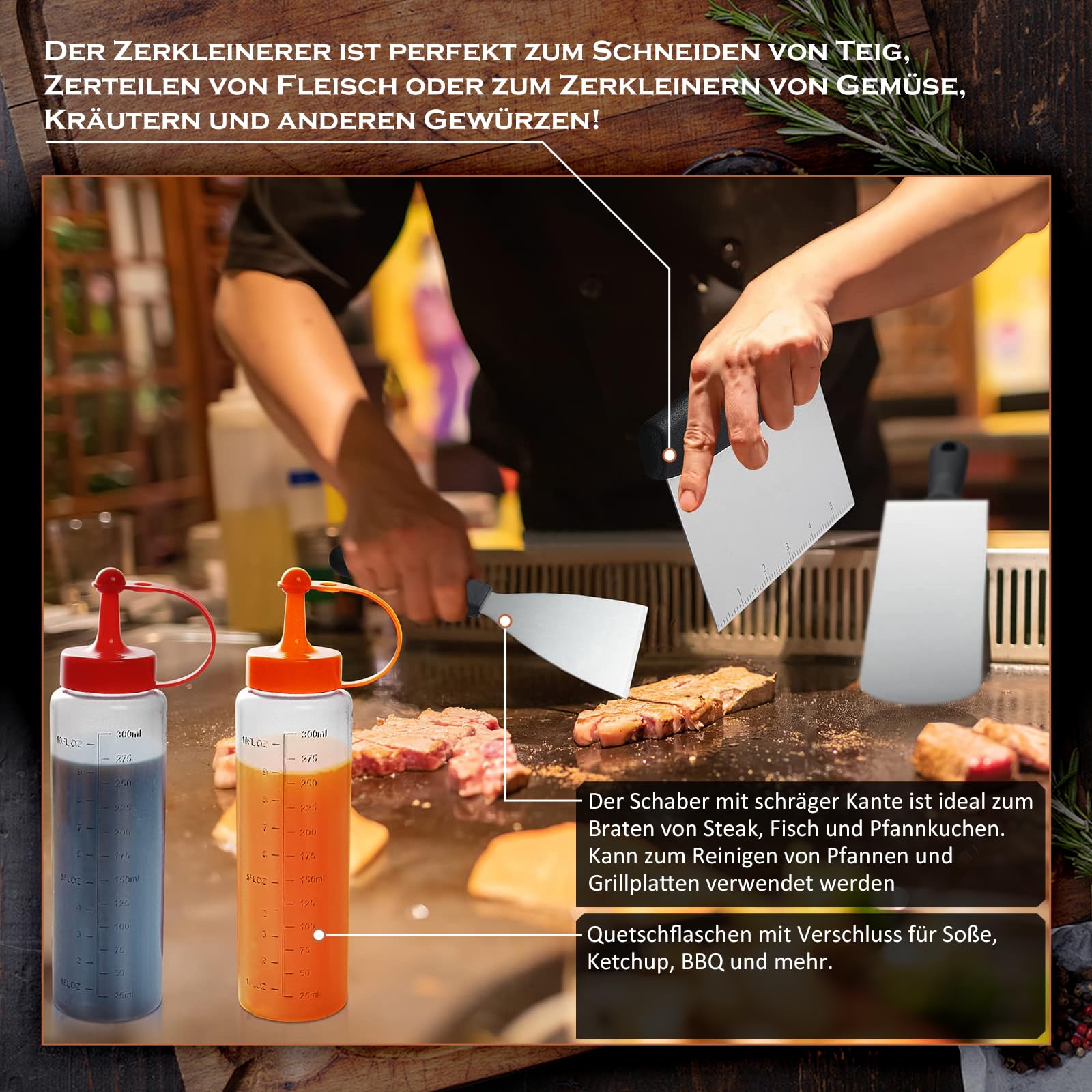35 Stück Grillspachtel Set aus Edelstahl - Teppanyaki Grillschaufel Set, Smash Burger Set, mit Burger Glocke & Plancha Zubehör, für Grillen, Picknick, Camping
