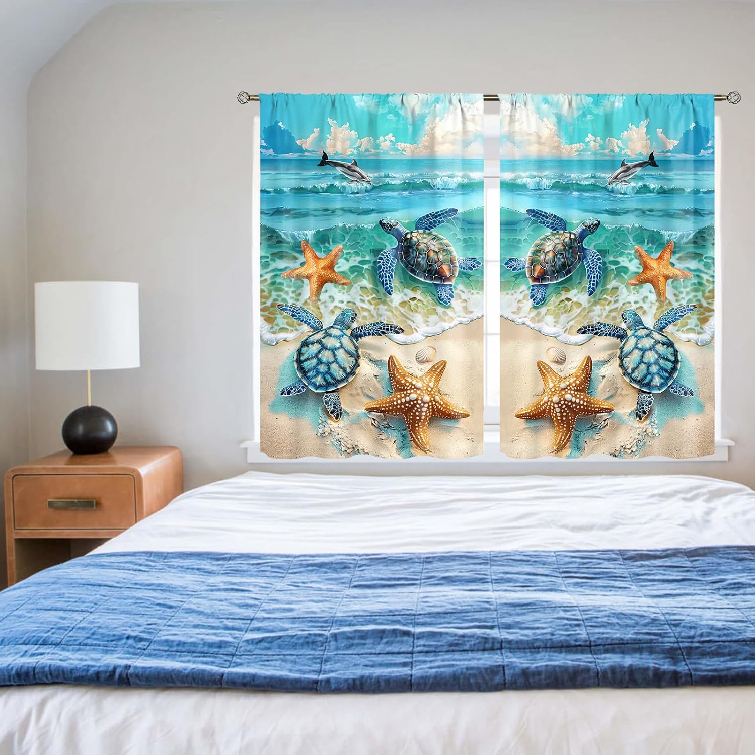 Beach Kitchen Curtains Ocean Sea Turtle Blackout Curtains Summer Short Tier Curtain Cafe Tier Curtains Decor for Living Dining Bathroom Room Seascape Hawaiian Theme 2 Panels Set 42"x 45"