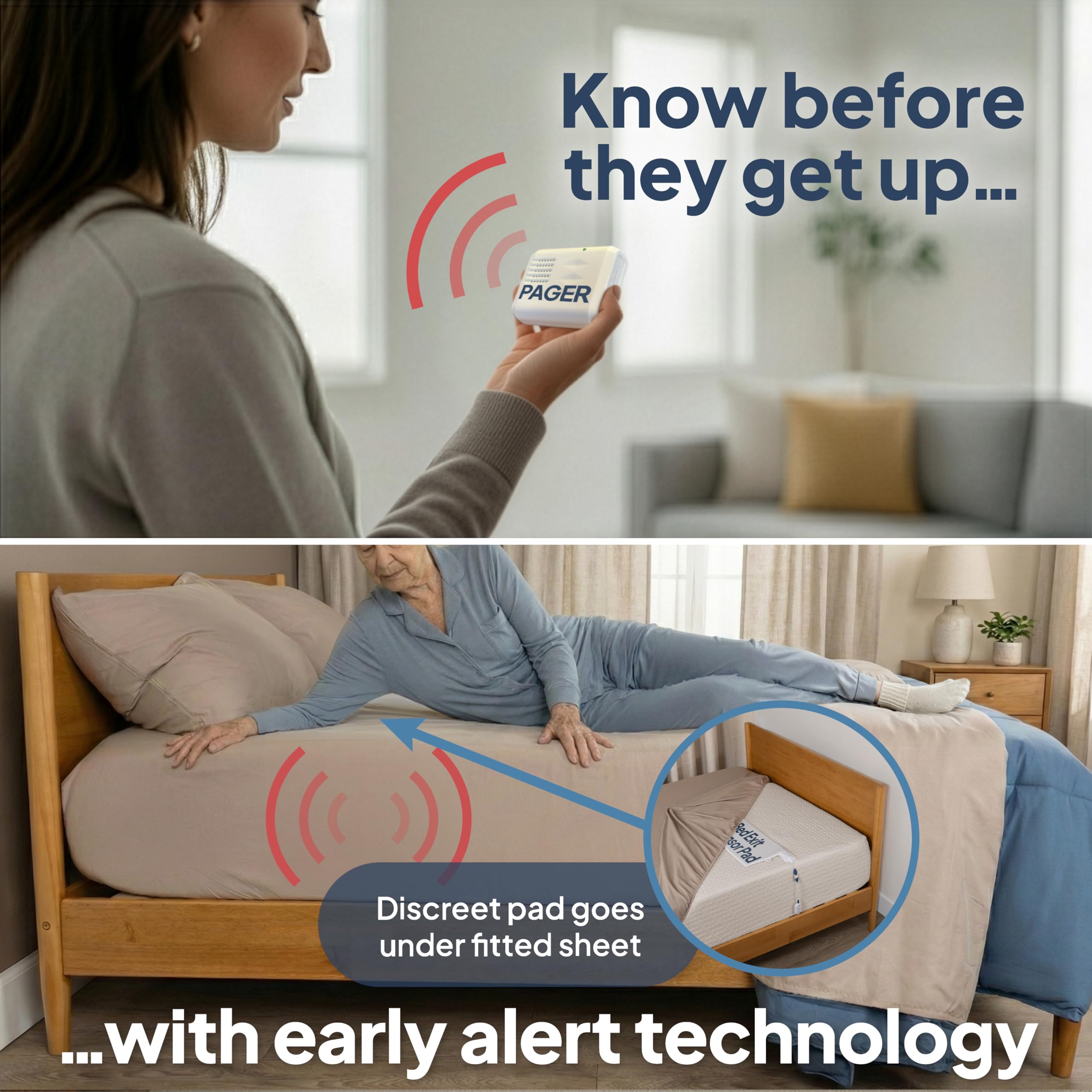 Smart Caregiver - Sistema de alarma inalámbrico para cama con sensor de peso y buscapersonas para prevención de caídas | Almohadilla de alarma de 10 x 30 pulgadas para alertas de cama, cuidador médico