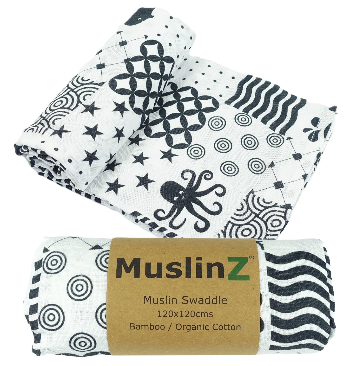 Muslinz Sensory Newborn Muslin Squares In Black And White For Visual Stimulation And Play, Tummy Time, Exlarge Muslin For Baby, Bamboo With Organic Cotton. (, 120X120cms)
