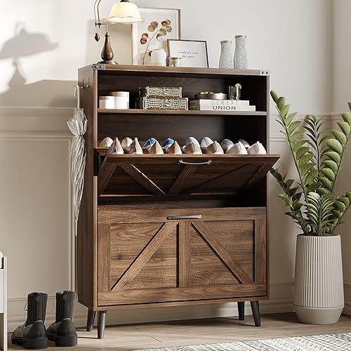 Miniatura 18 de Zapatero con 2 cajones abatibles y almacenamiento abierto, armario de almacenamiento de zapatos de granja para entrada, estante organizador estrecho
