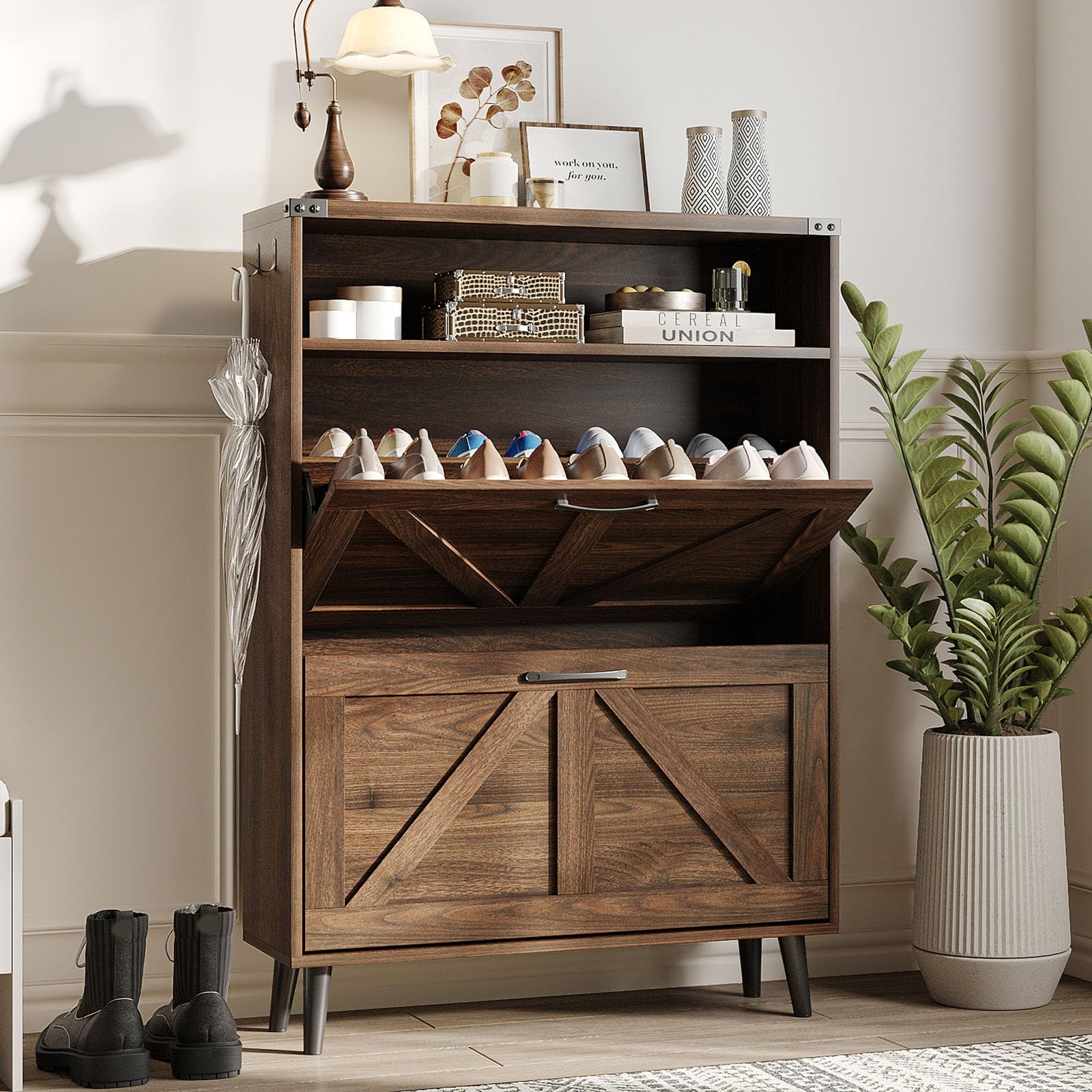 Halitaa Shoe Cabinet with 2 Flip Drawers & Open Storage,Farmhouse Shoe Storage Cabinet for Entryway,Freestanding Narrow Organizer Rack with Legs,Foyer