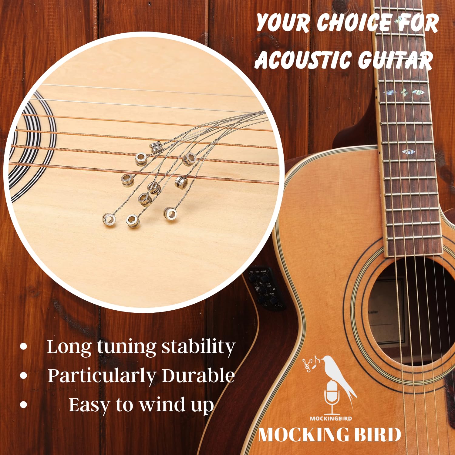 MOCKING BIRD B-2nd Acoustic Guitar Strings 0.11 Gauge Stainless Steel B-2nd String with Hallow Ball End 2nd Guitar String Replacement String with 5 Picks (Pack of 2) 2