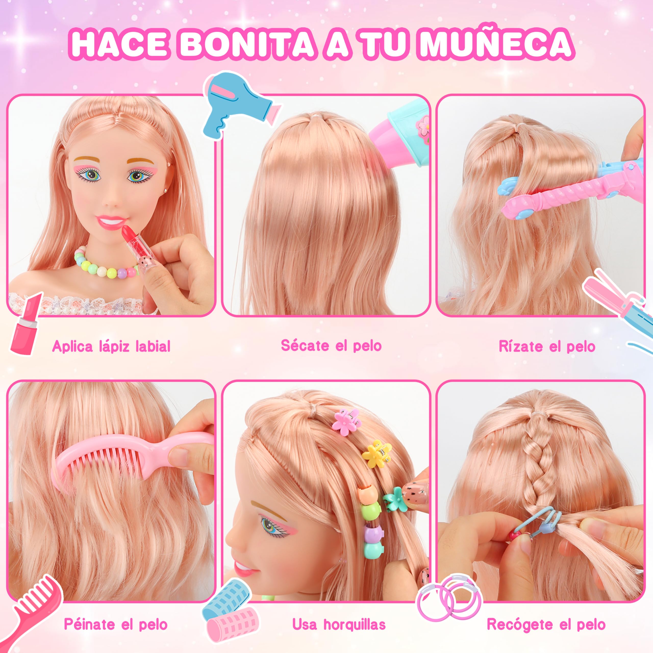 MOMOSTAR Cabeza Muñeca para Peinar y Maquillar, 58 Piezas Cabeza de Peluquería para Niños con Accesorios, Busto Muñeca Peinar y Maquillar para niña 3 4 5 6 Años Regalos Cumpleaños Navidad