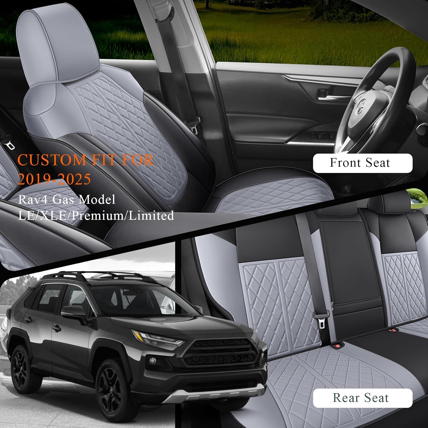 Rav4 Seat Covers Custom Fit for Toyota Rav4 Full Set Faux Leather Car Seat Covers Waterproof Full Coverage(Black & Grey, Gas Model 2019-2025 LE/XLE/Premium/Limited)