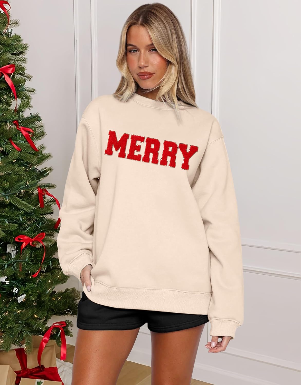 Merry Sweatshirts for Women Christmas Crewneck Fleece Lined Sweaters Chenille Sequin Letter Pullover Winter Tops - Image 5
