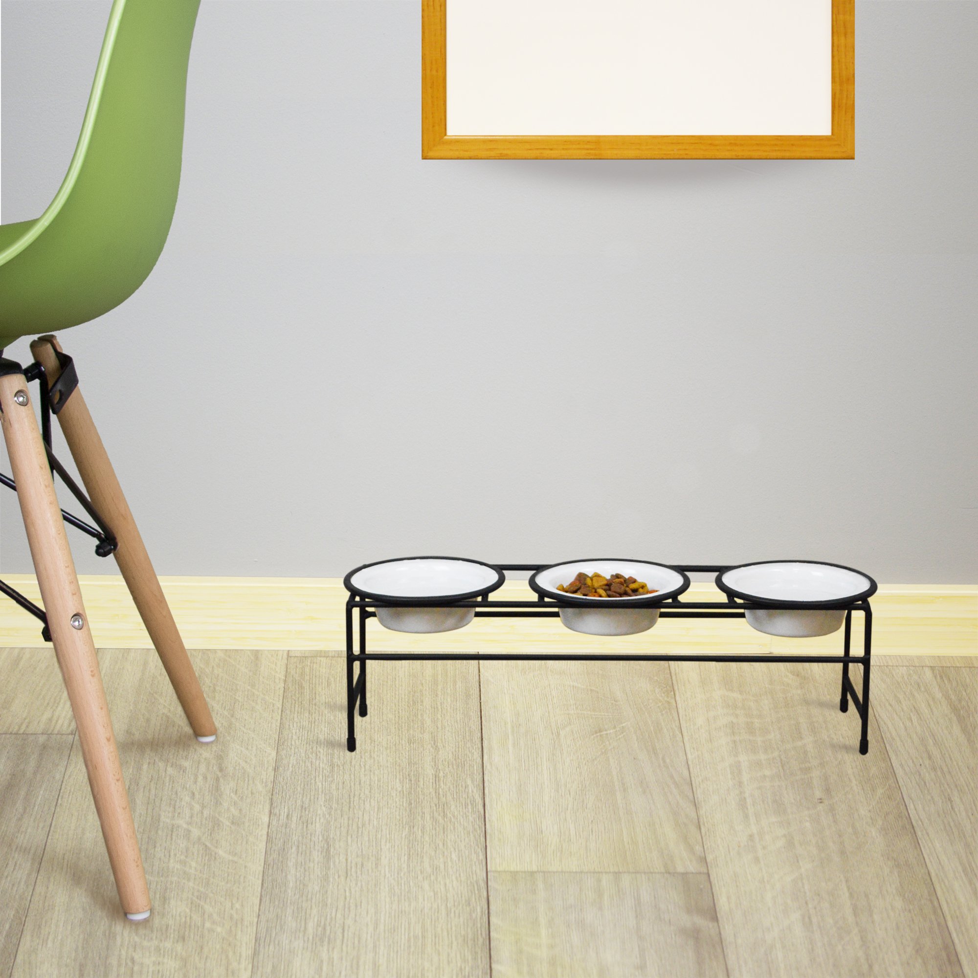 Platinum Pets Modern Triple Diner Feeder with Stainless Steel Dog Bowls, Small, Pearl White