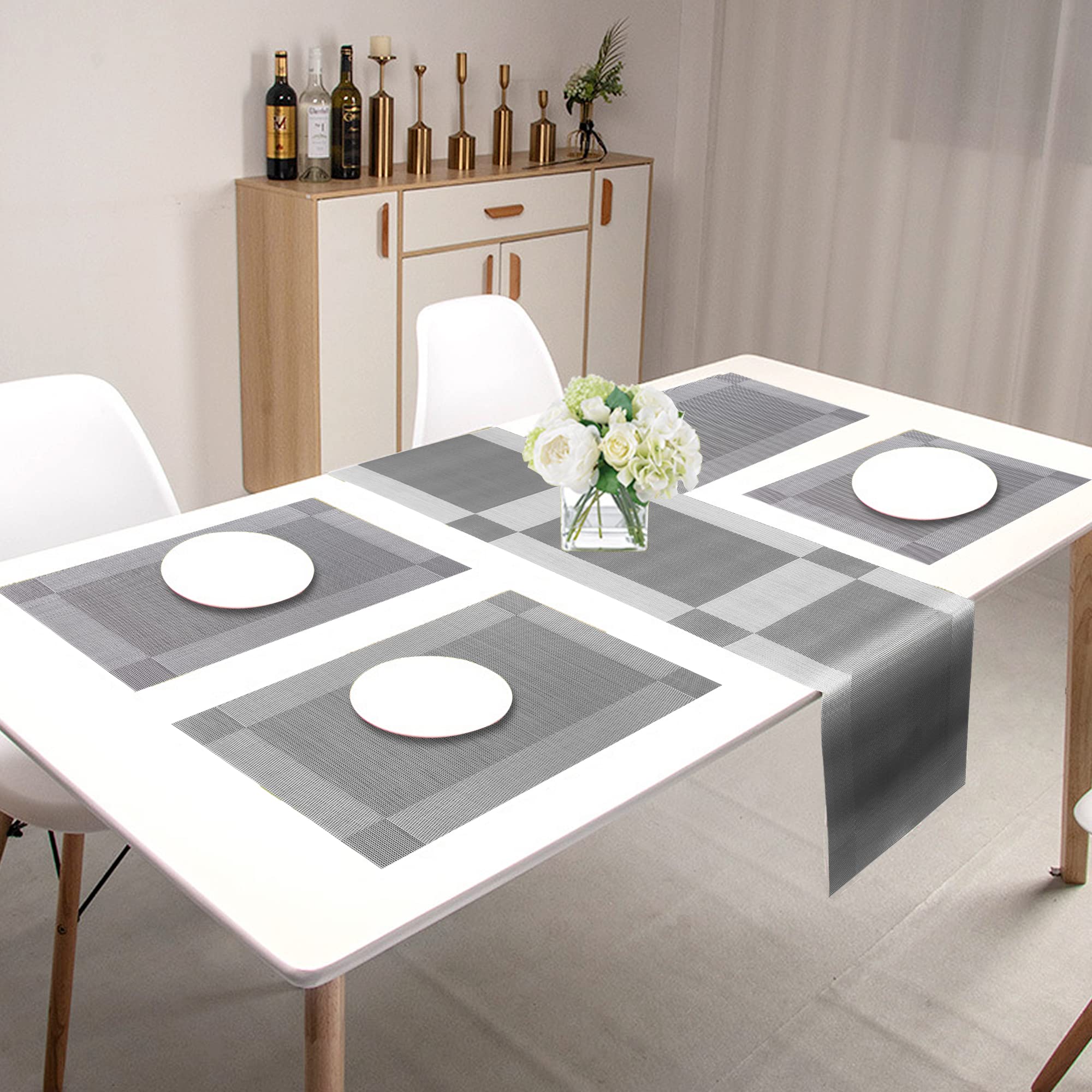 Time to Sparkle 13 PCS Vinyl Woven 6pcs Placemats + 6pcs Coasters+ 1pc Tablecloth Anti-Slip Table Mat Waterproof Heat Resistant Table Mat Decoration (Placemat+Runner-Sliver) - Image 3
