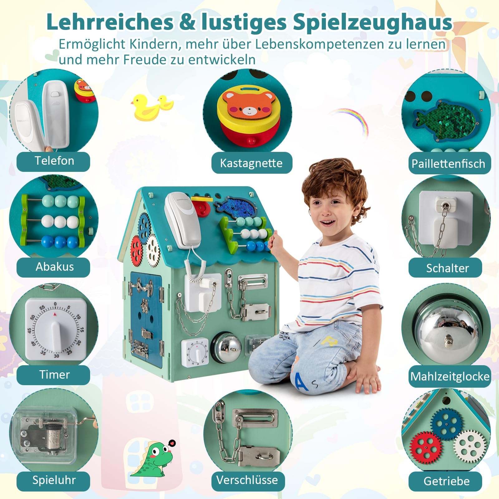 FANTASK Domek do zabawy dla dzieci z drewna, edukacyjny domek z zabawkami i miejscem do przechowywania, sensoryczna zabawka edukacyjna Montessori do motoryki precyzyjnej, kostka do aktywności dla