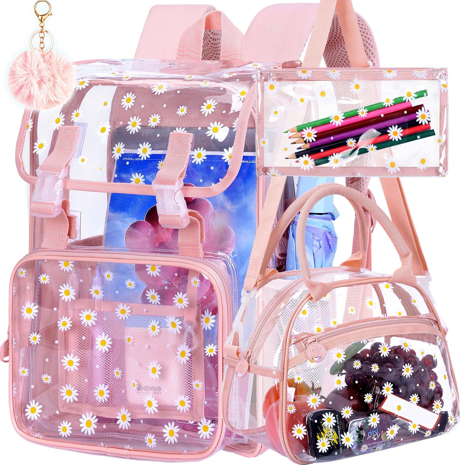 FTJCF 3PCS Pink Clear Backpack, Heavy Duty Transparent Bookbag for Girls Women, Stadium Approved See Through Backpack with Lunch Box (Pink Daisy)