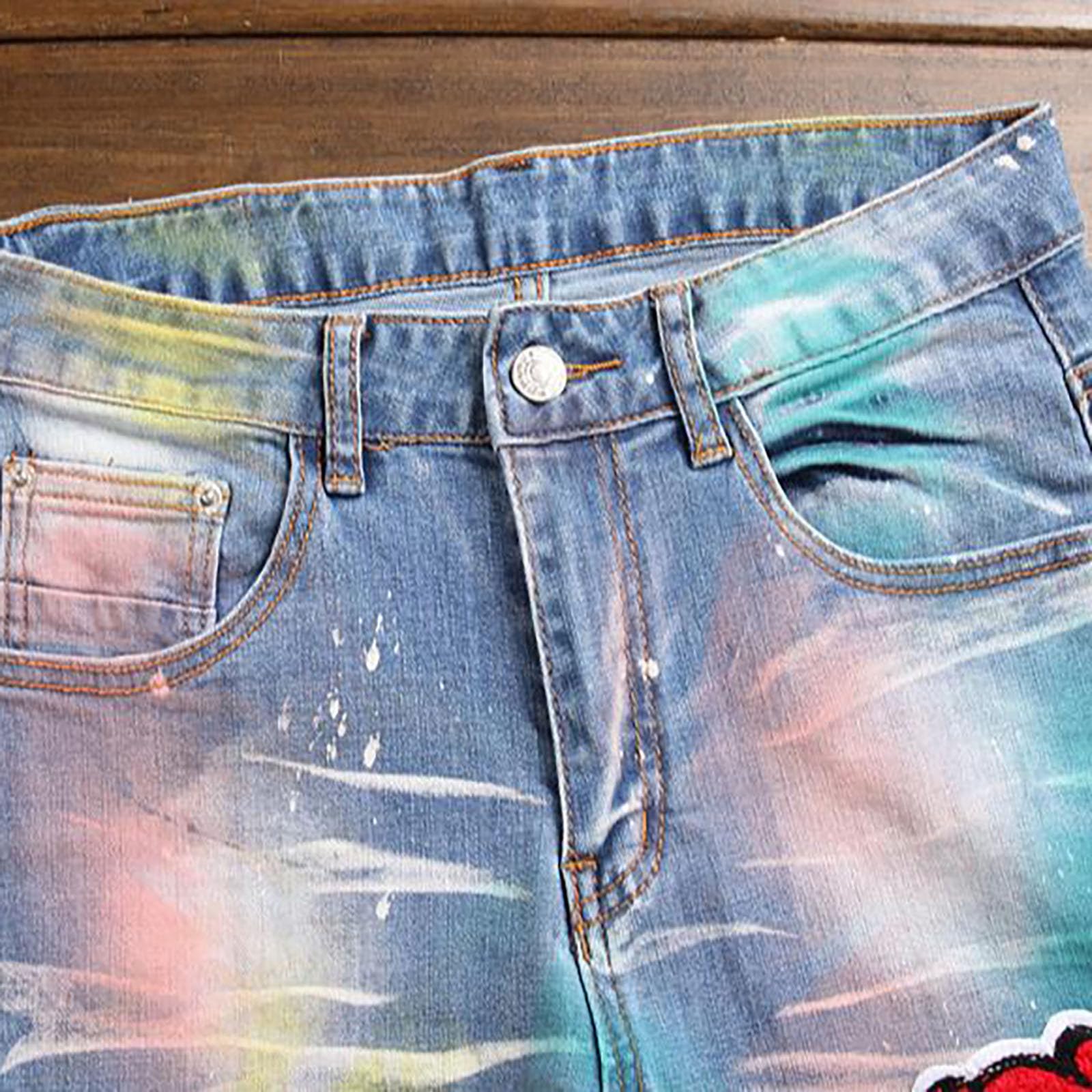 Genérico Vaqueros Hombre Pantalones Hombre Pantalones Vaqueros Hombre para el día a día Desgastados con Rotos Impresos Diseño Patchwork Estilo Callejero Urbano