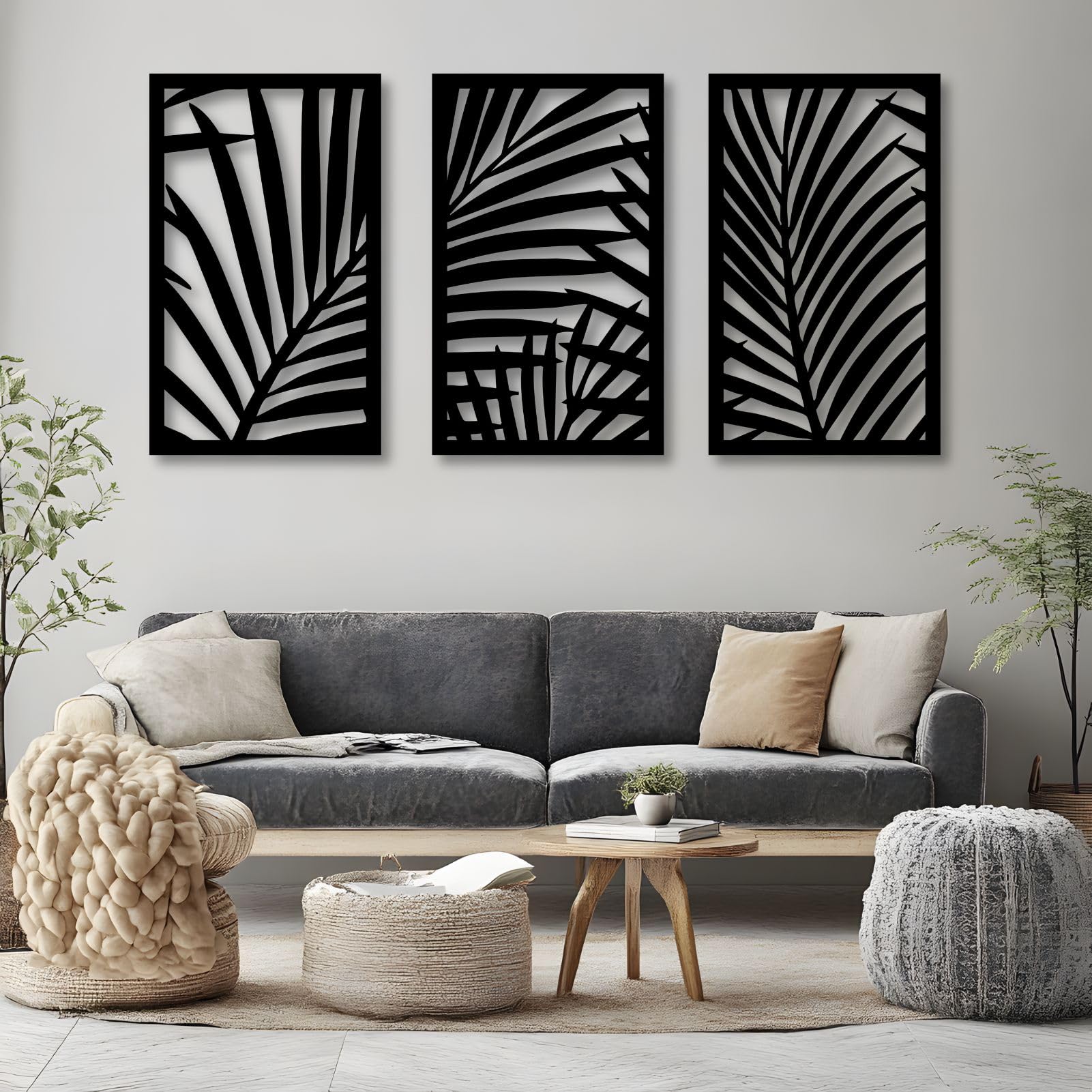 Décoration Murale en métal, Motif Feuille de Palmier, Plantes Tropicales, Style bohème, pour Salon, Chambre, Salle de Bain, Bureau (Argent, 150 x 91 cm x 3 pièces)