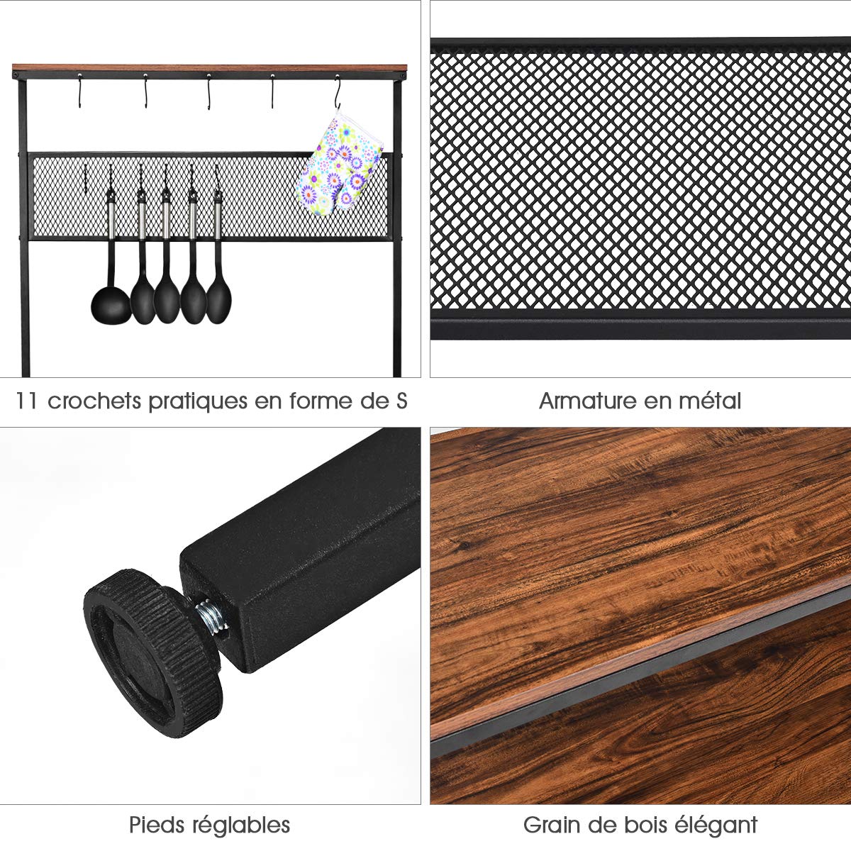 COSTWAY Étagère de Cuisine, Support pour Four à Micro-Ondes à 3 Etages, 11 Crochets en S et 1 Panneau en Grille, Meuble Rangement pour Epices, Pots, Casseroles, Pieds Antidérapants de Style Industriel