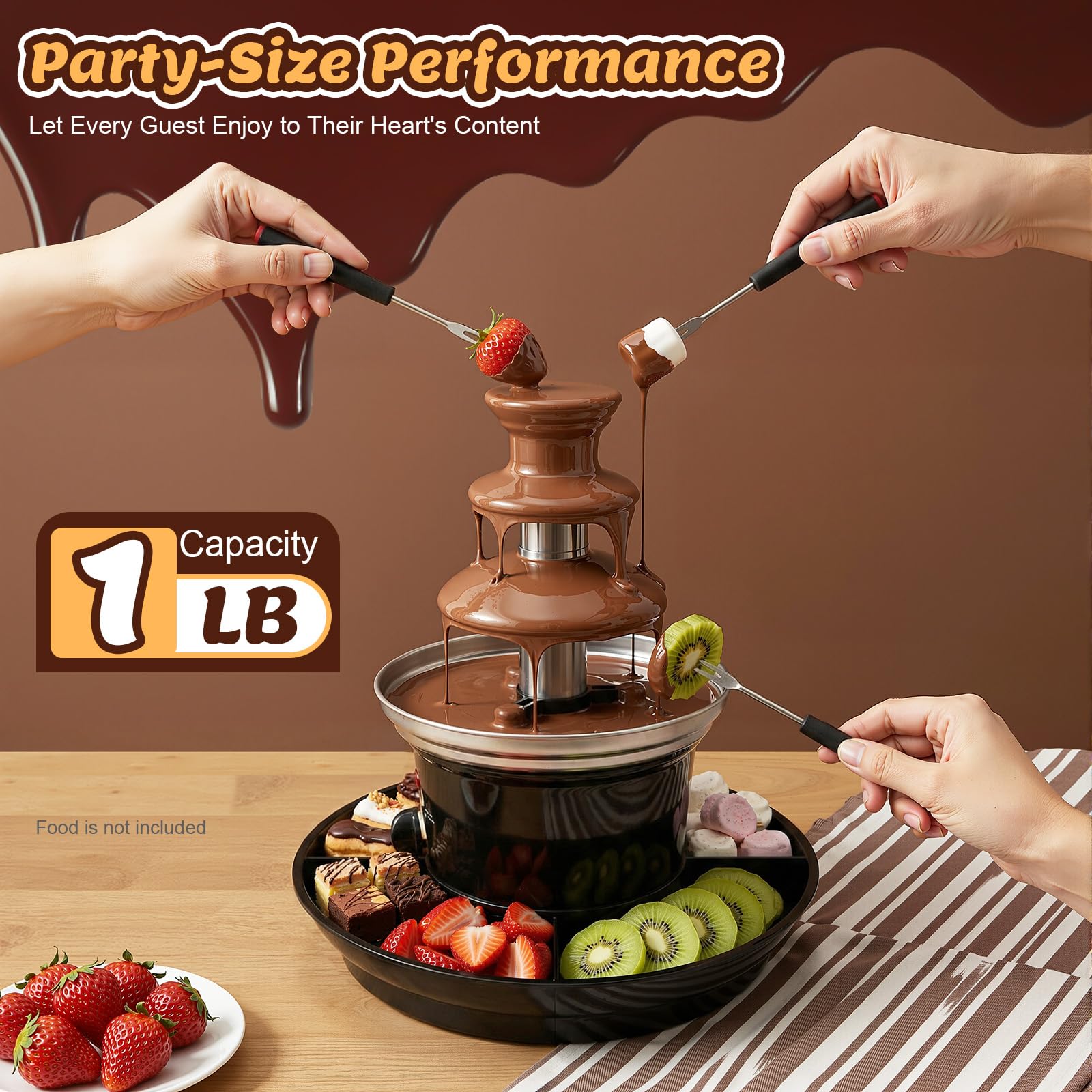 Fontana di Cioccolato Elettrico, Macchina per Fonduta Cascata 3 Livelli, Inox 430, Riscaldamento Continuo Capacità 0,45 kg, Ideale Frutta Marshmallow Biscotti, Serata Compleanno Matrimonio, 26 x 27 cm