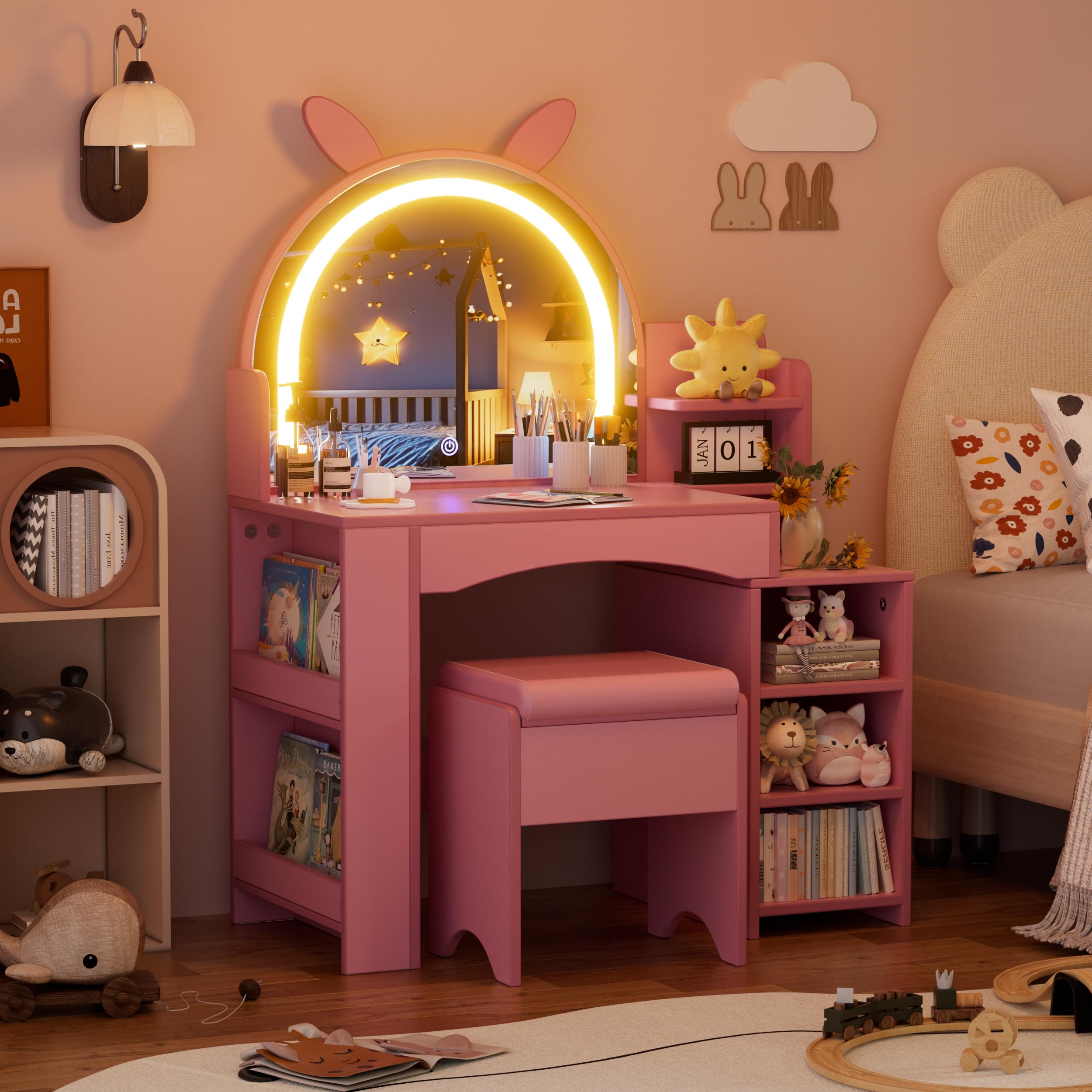 IGTOPS Kids Dressing Table with LED Lights & Mirror and Stool, Pink
