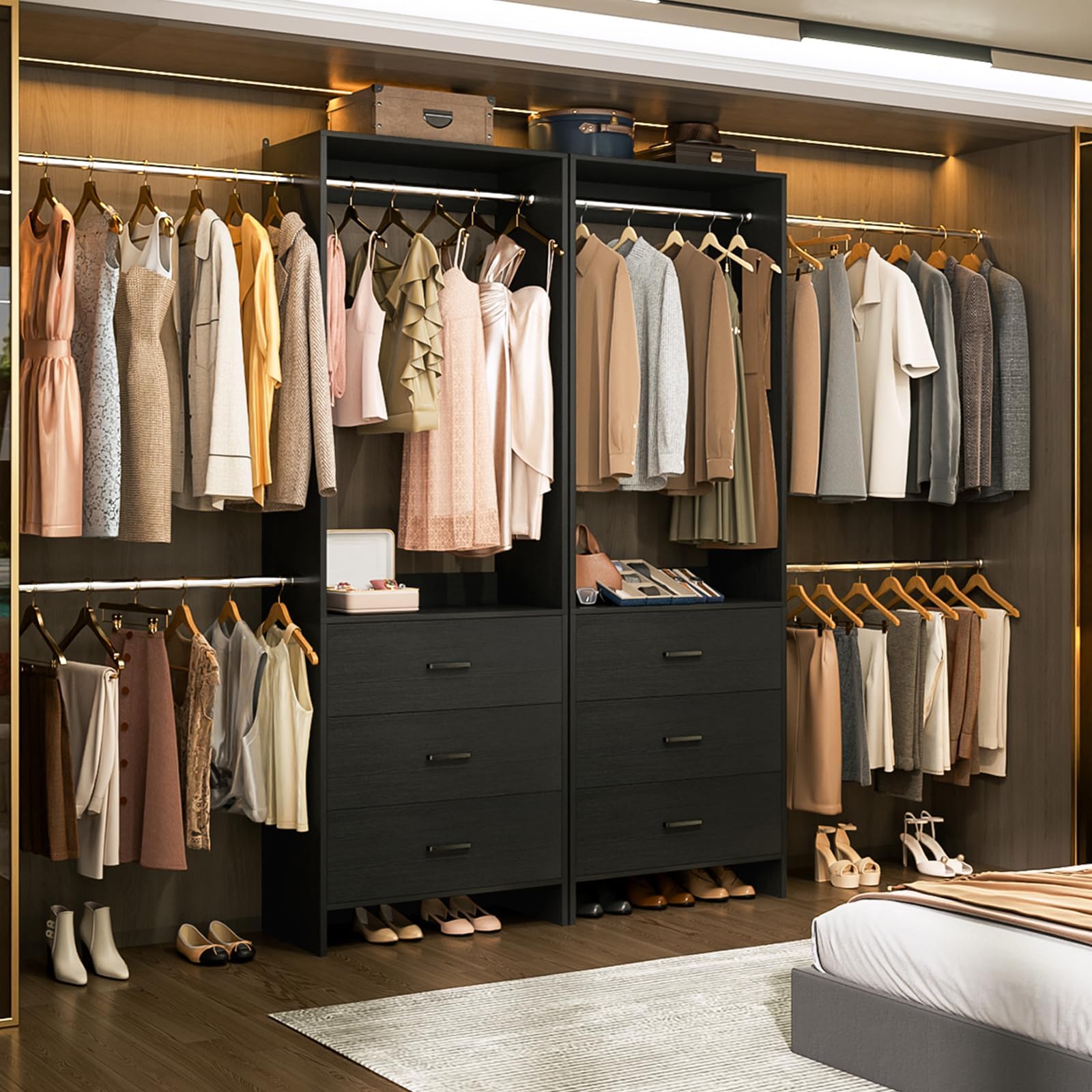 Aheaplus Closet System with 6 Drawers, 4-11.8 FT Closet Organizer with 6 Hanging Rods & Corner Tower, Corner Closet System with Hanging, Walk-In Wardrobe Organizer, 1500+ lbs Capacity, Set of 2, Black