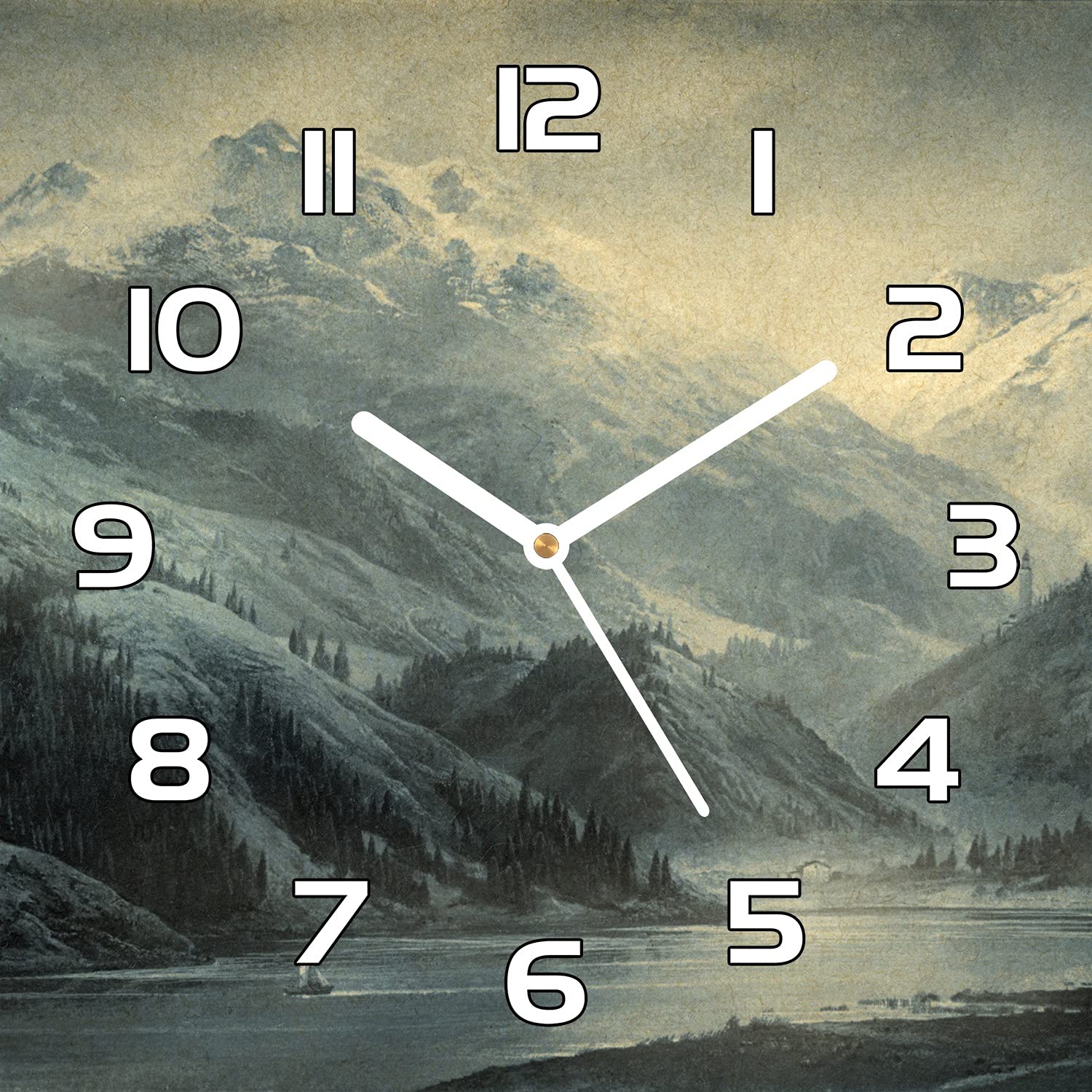 Horloge en verre 30x30 cm forêt brumeuse et aiguilles blanches