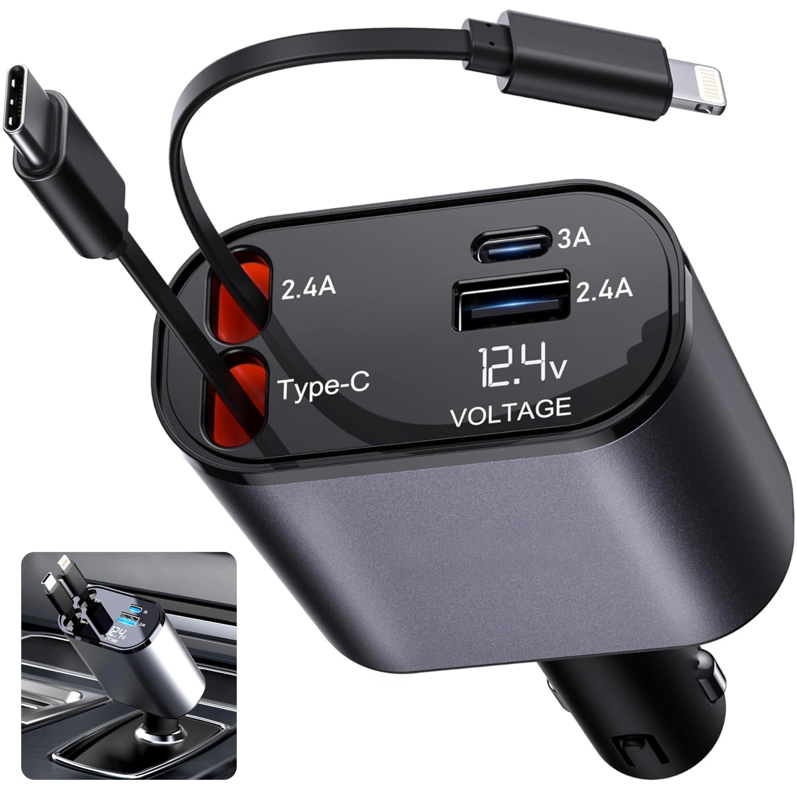 AUORITO 120W 4 in 1 Retractable Car Charger Fast Charge, Multi USB Car Charger Type C Adapter with Dual Ports, car mobile charger Compatible with Android Phones & iPhone 16/15/14/13/12/11 Pro Max,Ipad-picture-13