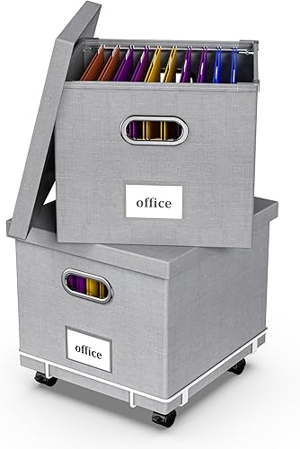 Oterri Caja de archivo, 2 cajas de archivos, carritos de archivos rodantes con ruedas, caja de archivos portátil con tapa para carpetas de tamaño