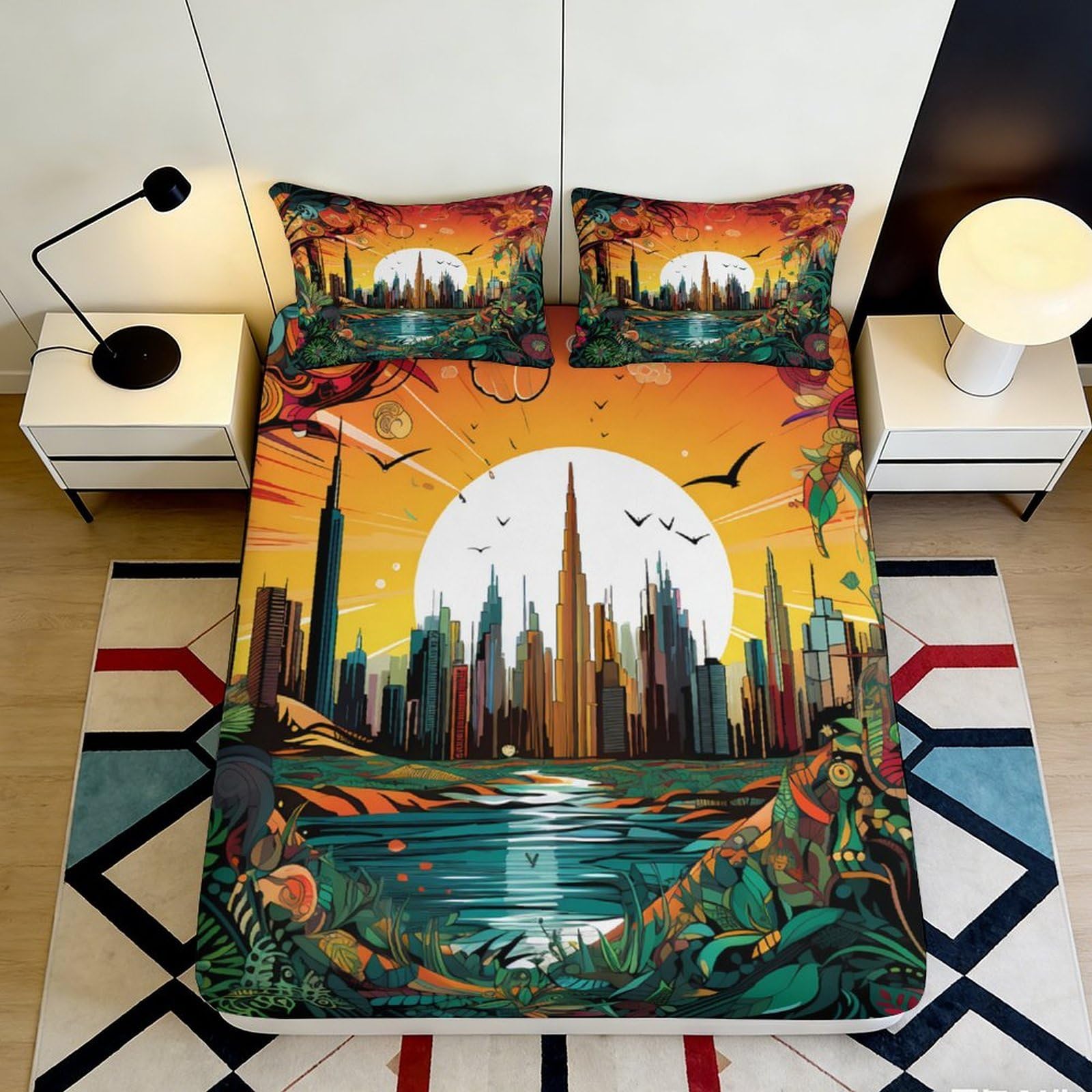 3D Printed Sunset Cityscape Fitted Sheet Microfiber Soft Decorative Urban Skyline Mattress Cover for Bedroom Dorm 90x200x25cm