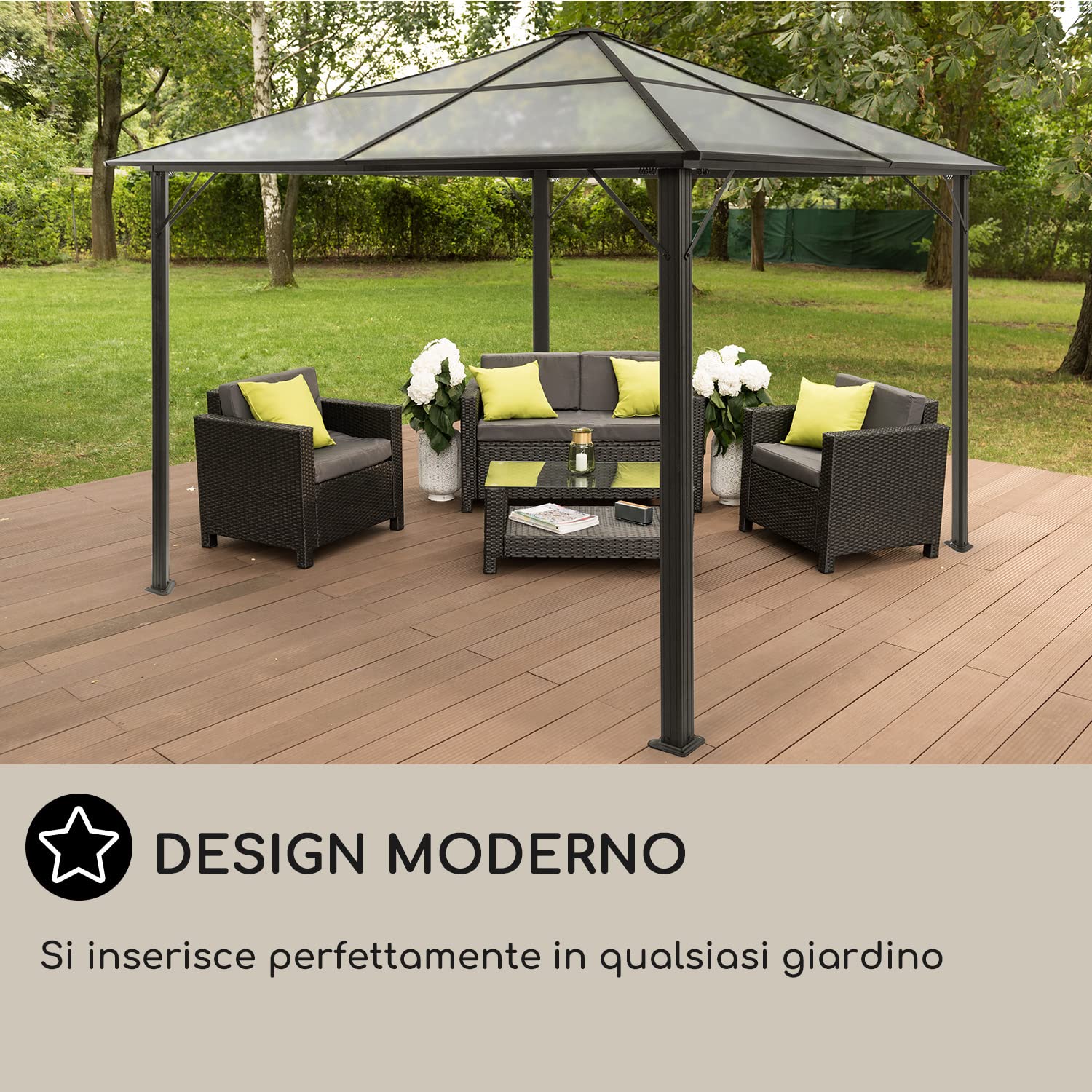 Blumfeldt Pergola Impermeabile con Tetto in Policarbonato, Pergola 3x4, Gazebo in Metallo e Alluminio, da Giardino Anti UV, Tendone Giardino con Vetro Traslucido, Luci LED Dimmerabili