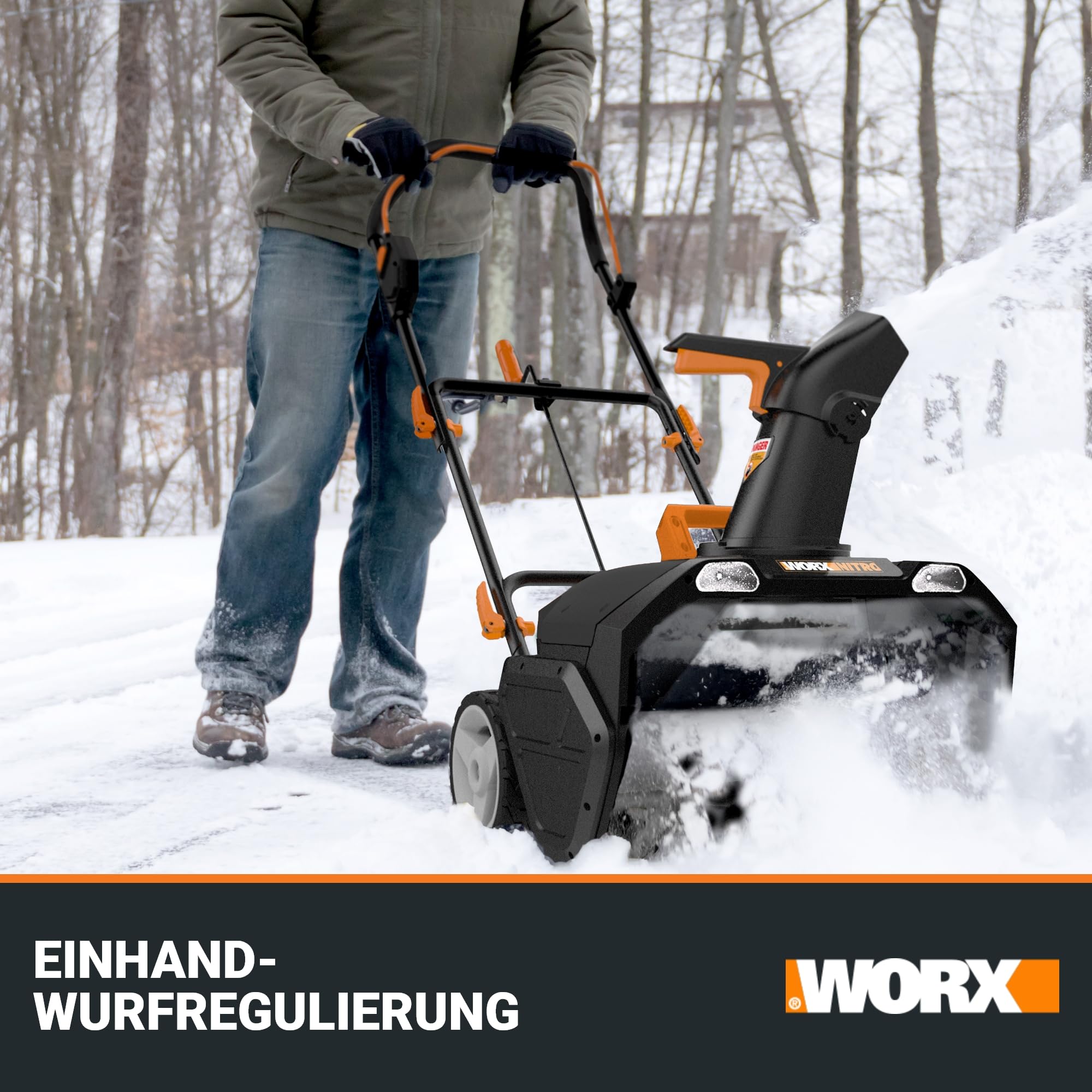WORX WG471E Nitro Akku-Schneefräse 40V – Brushless Motor – 51cm Arbeitsbreite – bis zu 25cm Schneehöhe geeignet - 180° drehbare Auswurfkanal – 6m Wurfweite – LED-Licht – inkl. 2x4Ah Akkus & Ladegerät