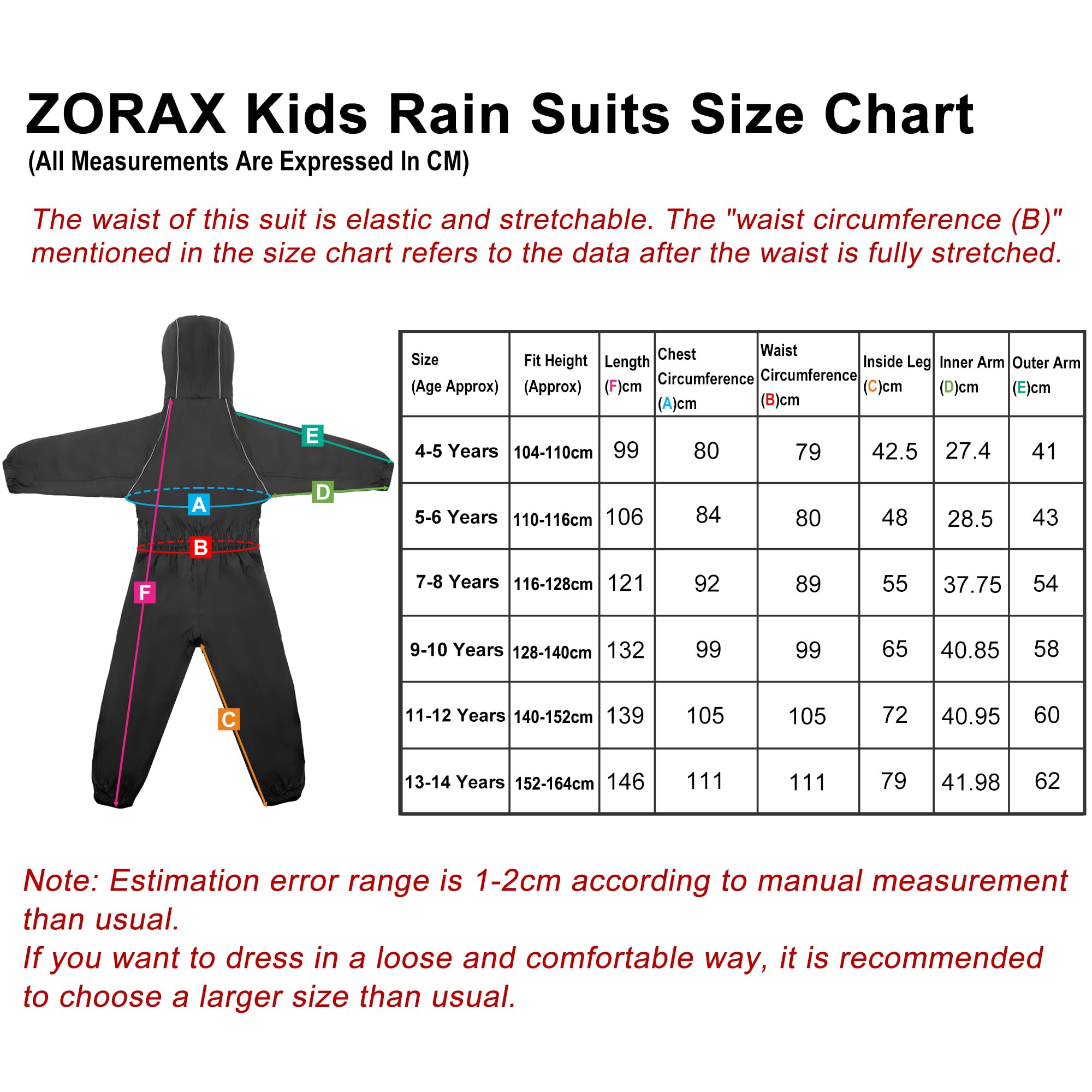 Zorax Combinaison de pluie imperméable tout-en-un légère pour garçons et filles - Unisexe - Coupe-vent - Avec capuche - Sac de transport