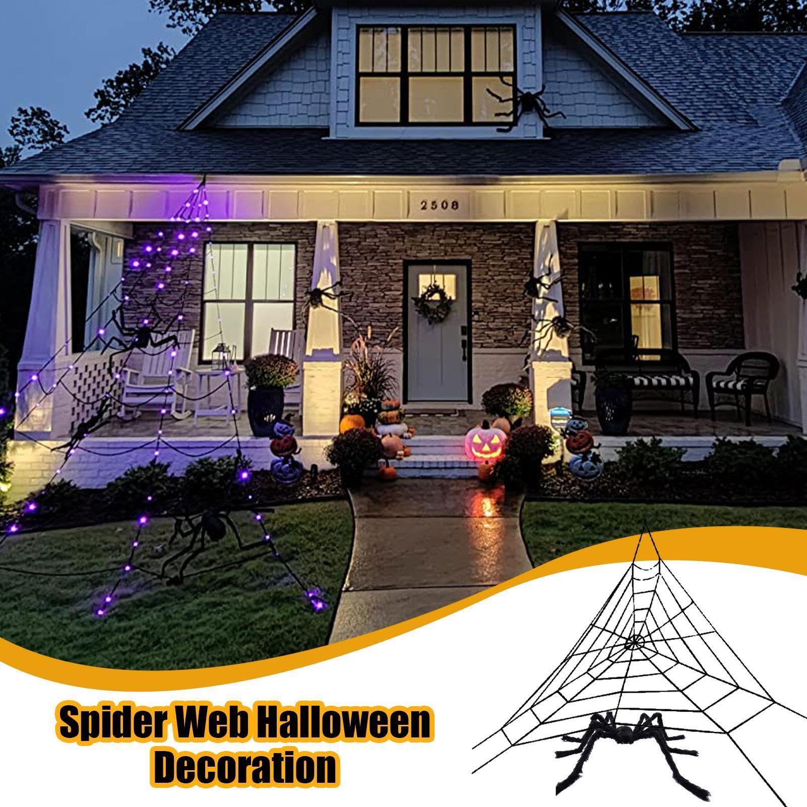 Decorazione Ragnatela Decorazioni Halloween Ragnatele | 8 Modalità LED Realistiche Dimensioni Giganti per Finestre Porte Giardini Viali Casa Stregata