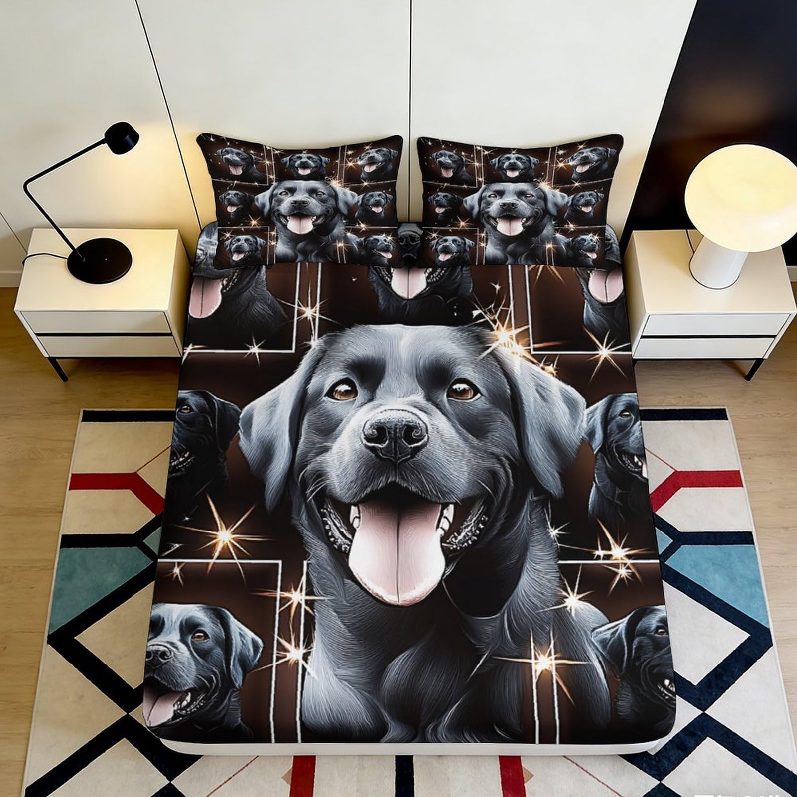 3D Printed Black Labrador Fitted Sheet Microfiber Durable Soft 3D Dog Pattern Mattress Cover for Bedroom Dormitory Guest Room Protection 160x200x25cm