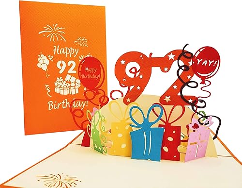 iGifts And Cards Tarjeta de felicitación 3D de feliz cumpleaños número 92 con regalos Noventa y dos, impresionante, globos, regalo, único,