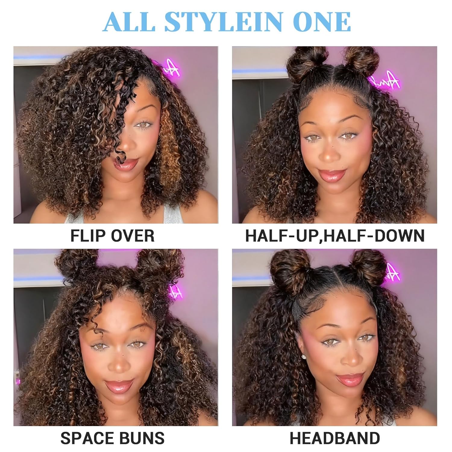 4/27 Curly Half Wig Human Hair 200 Density Upgrade 3 In 1 Seamless Flip Over Half Wigs Beginner Friendly Glueless Wear and Go Kinky Curly Human Hair Wig Drawstring Headband Wig for Women 26 Inch