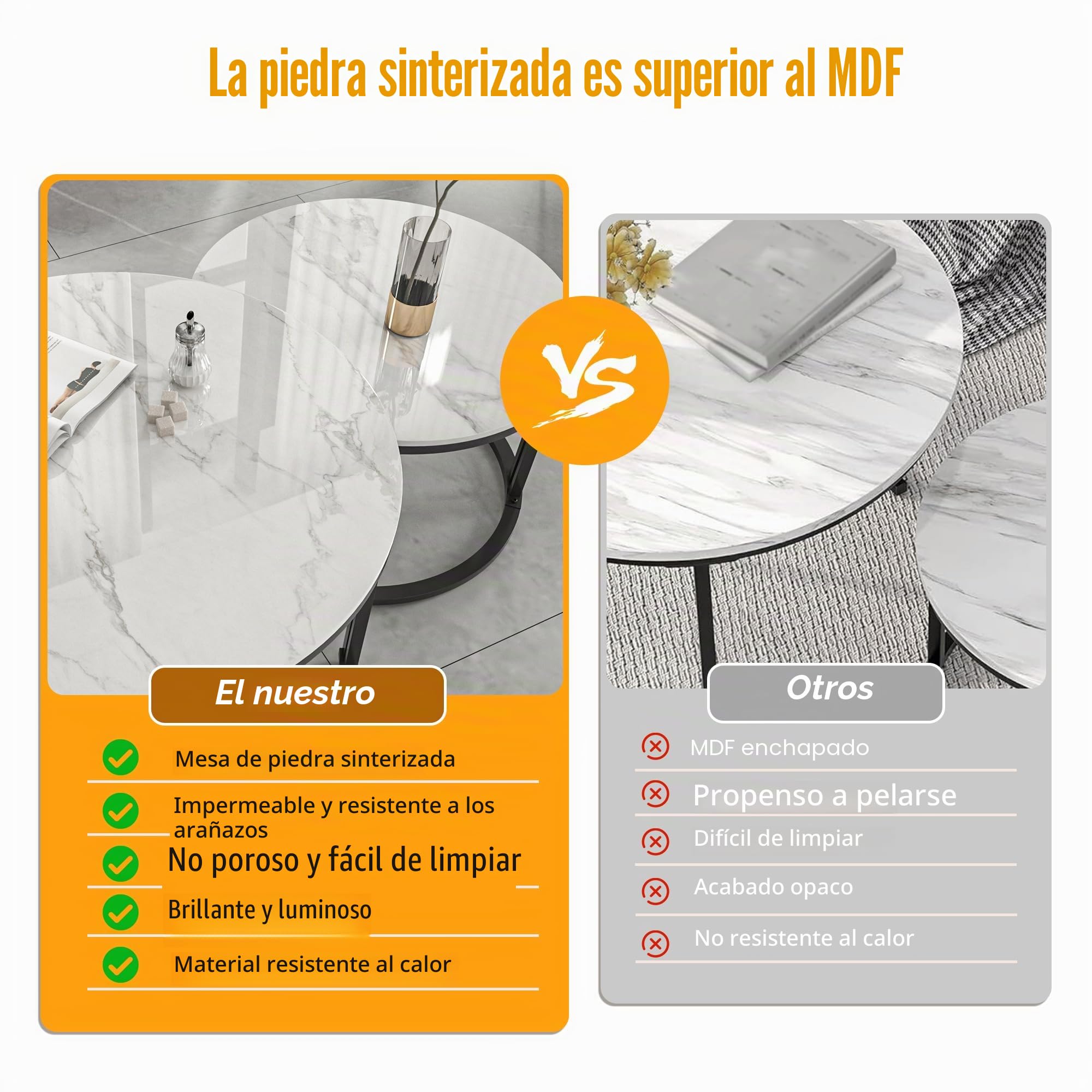 FATIVO Mesas de Centro de Mármol: Juego de 2 Mesa Auxiliar Redondas de Piedra Sinterizada Blanco, Mesa de Café de Estilo Nórdico, Adecuada para salón y Dormitorio
