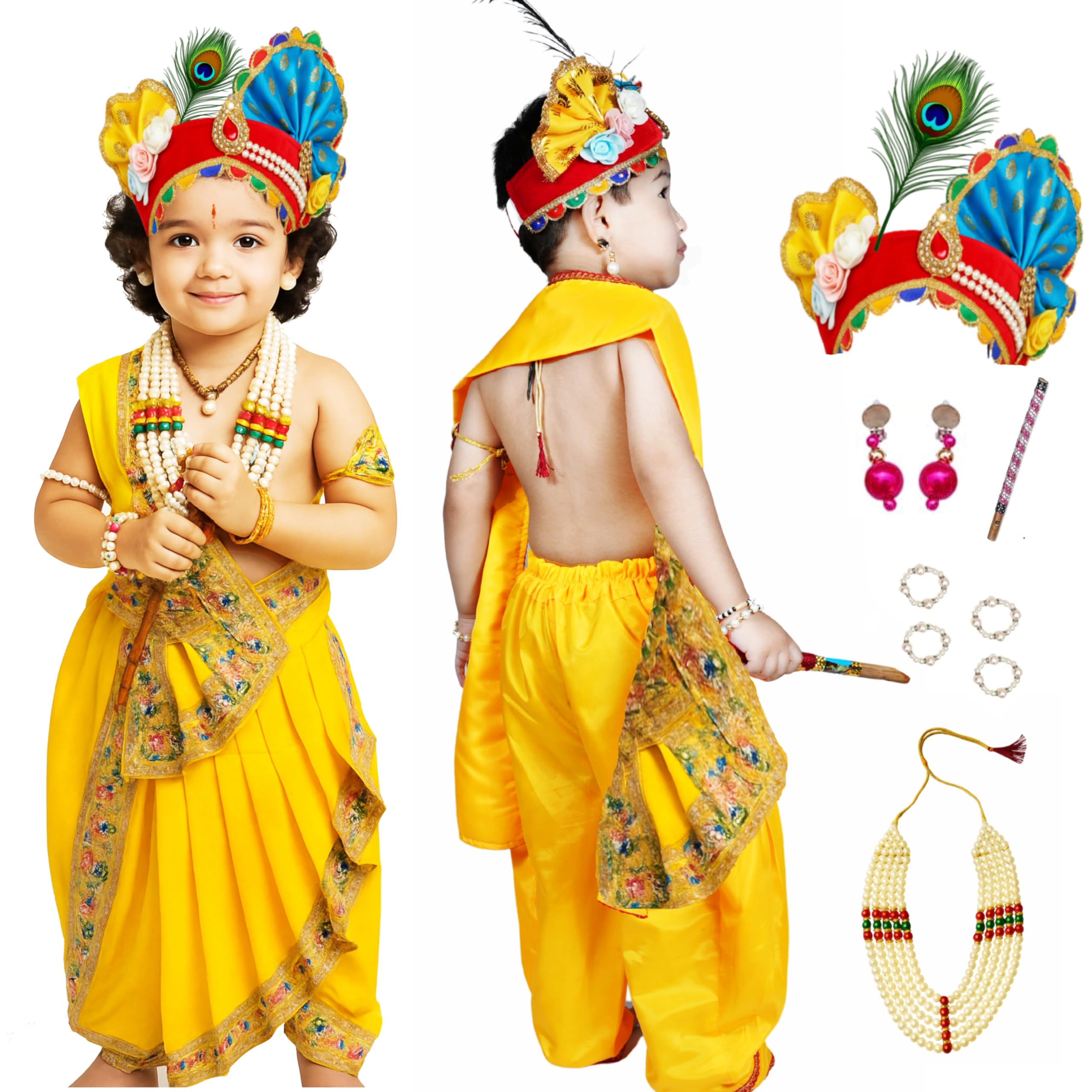 Sarvda Brocade Krishna Dress for Baby Boy Baby Girl | Janmashtami Dress | Kids Kanha Ji Accessories | Mor Pankh Dhoti Bansuri Complete Set