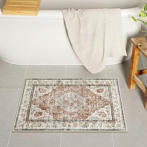Uphome Tapete de baño color naranja, estilo bohemio y envejecido, tapete de baño pequeño de terciopelo súper acogedor, antideslizante, lavable a