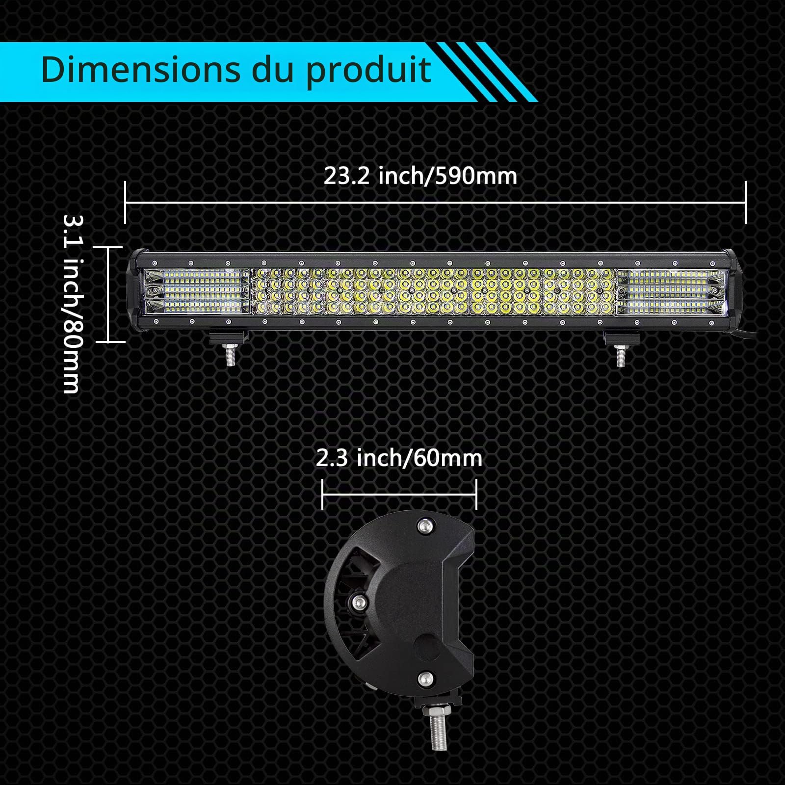 RIGIDON 23 pouces 59cm 570W Led Light Barre avec 12v faisceau de câblage kit, Barre Lumineuse led Phare de travail pour 4x4 Offroad Véhicule Voiture Camion tracteur, 6000K feu antibrouillard