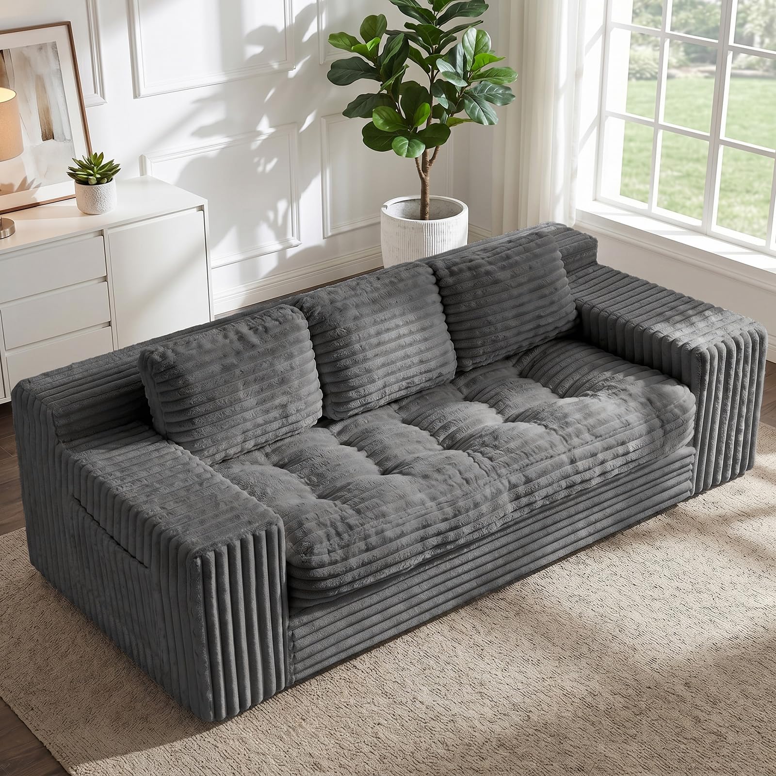 Photo 1 of NLDD Boneless Couch, Cloud Loveseat Sofa Corduroy Couch in a Box, Upholstered Boneless 3 Seater Couch for Living Room Bedroom Office Apartment, No Assembly Required, Grey----MISSING THE 3 PILLOWS