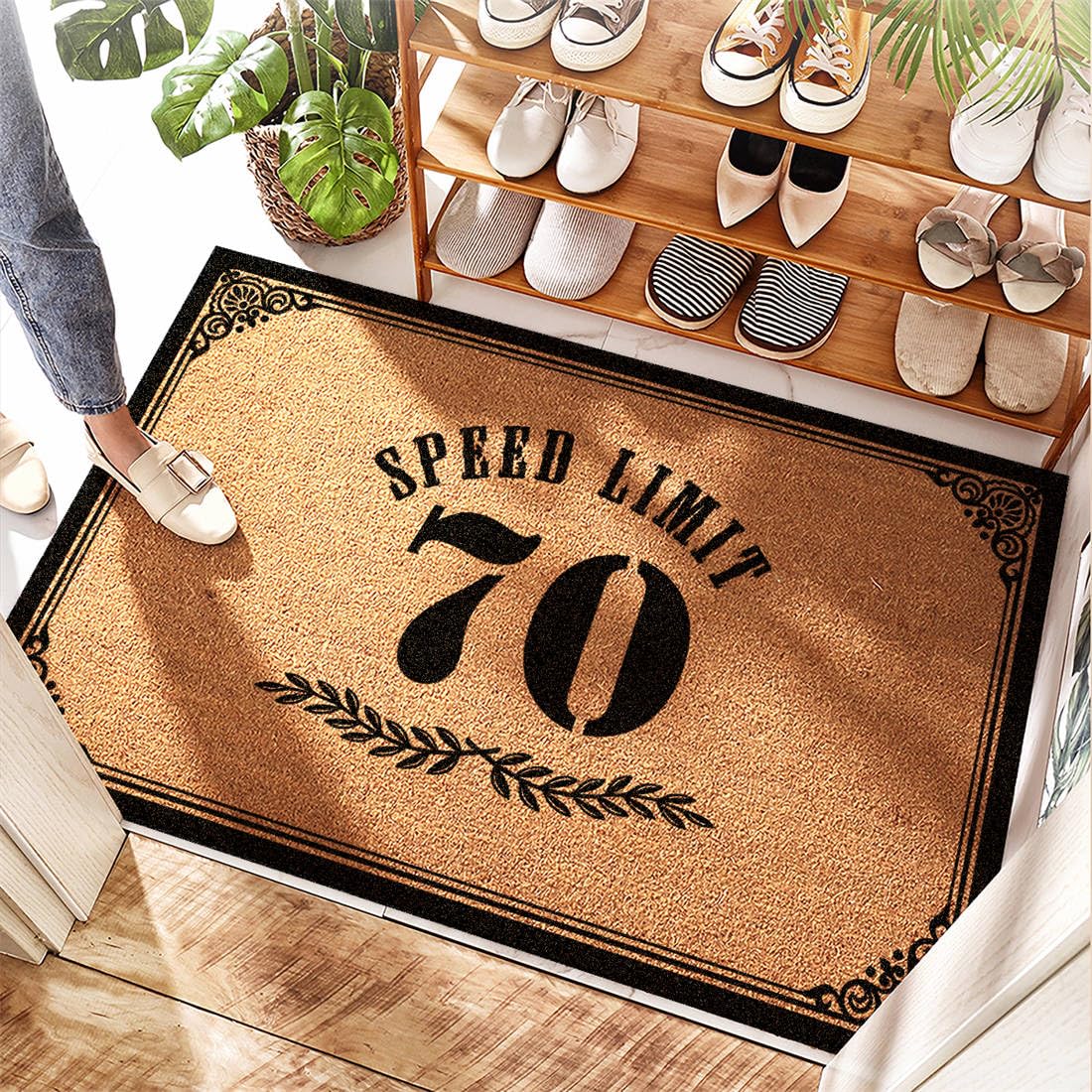 Tapis d'entrée humour limitation 70 km/h pour paillasson extérieur design original