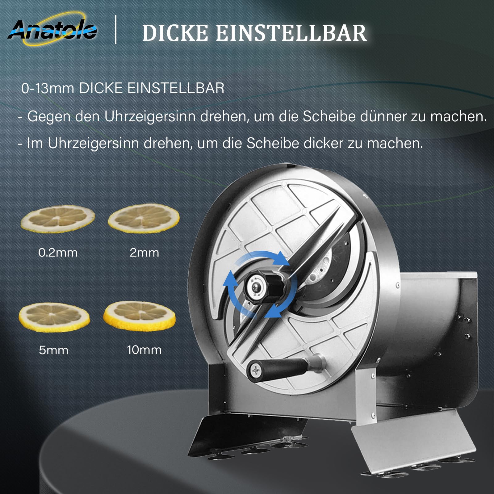 Anatole Gemüseschneider Edelstahl Gemüsehobel Manuell Obstschneider 0-13mm | Einstellbare Dicke, Profi, für Zwiebeln Tomaten Kartoffeln Karotten Zitronen Orangen Chips, für Gastronomie Restaurant Hause