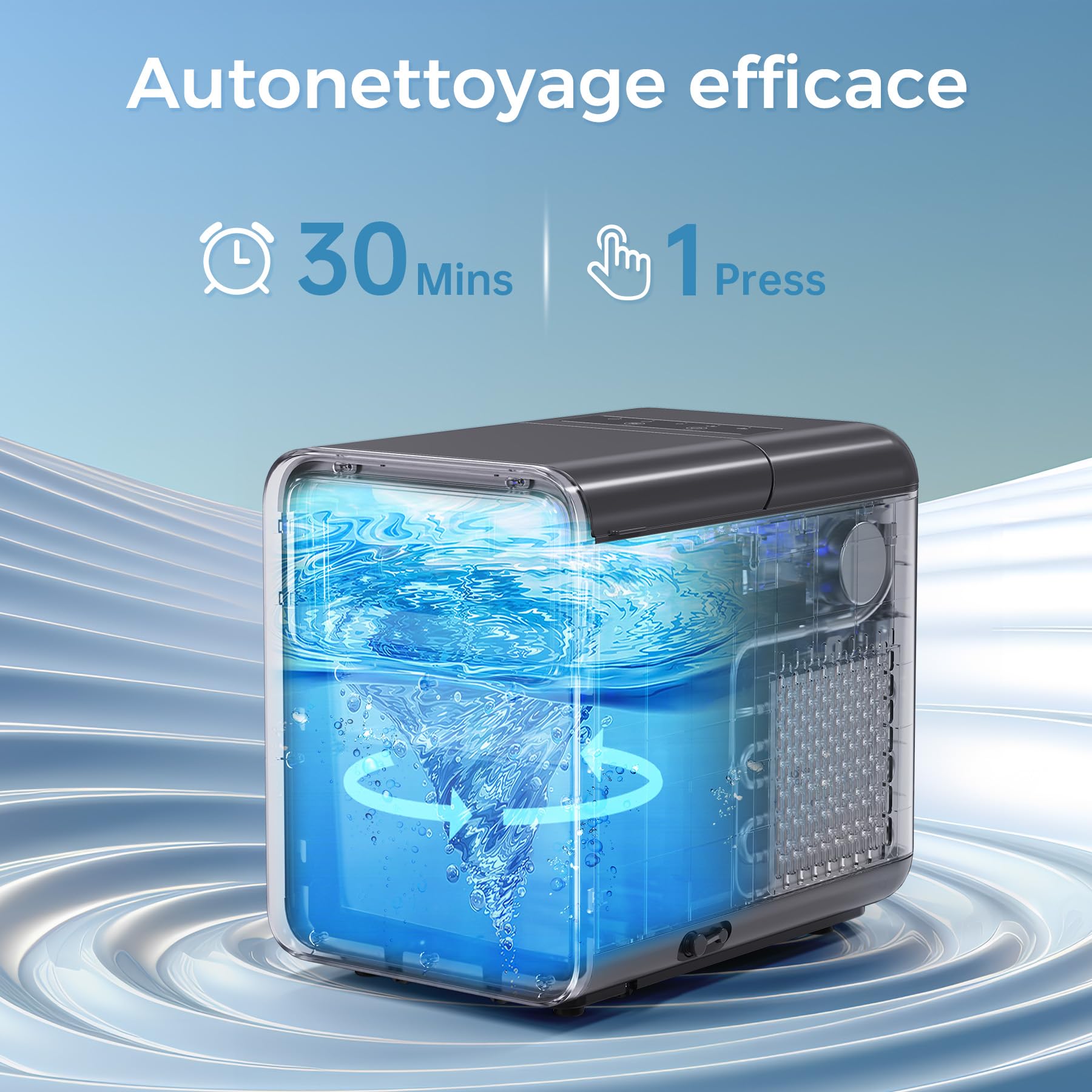 QEXREED Machine à Glaçons, 12 kg/24 h, 9 Glaçons en 6 Minutes, Machine a Glacons Autonettoyante avec Cuillère à Glaçons et Panier, 2 Tailles de Glaçons pour la Cuisine à Domicile Bureau Bar Party
