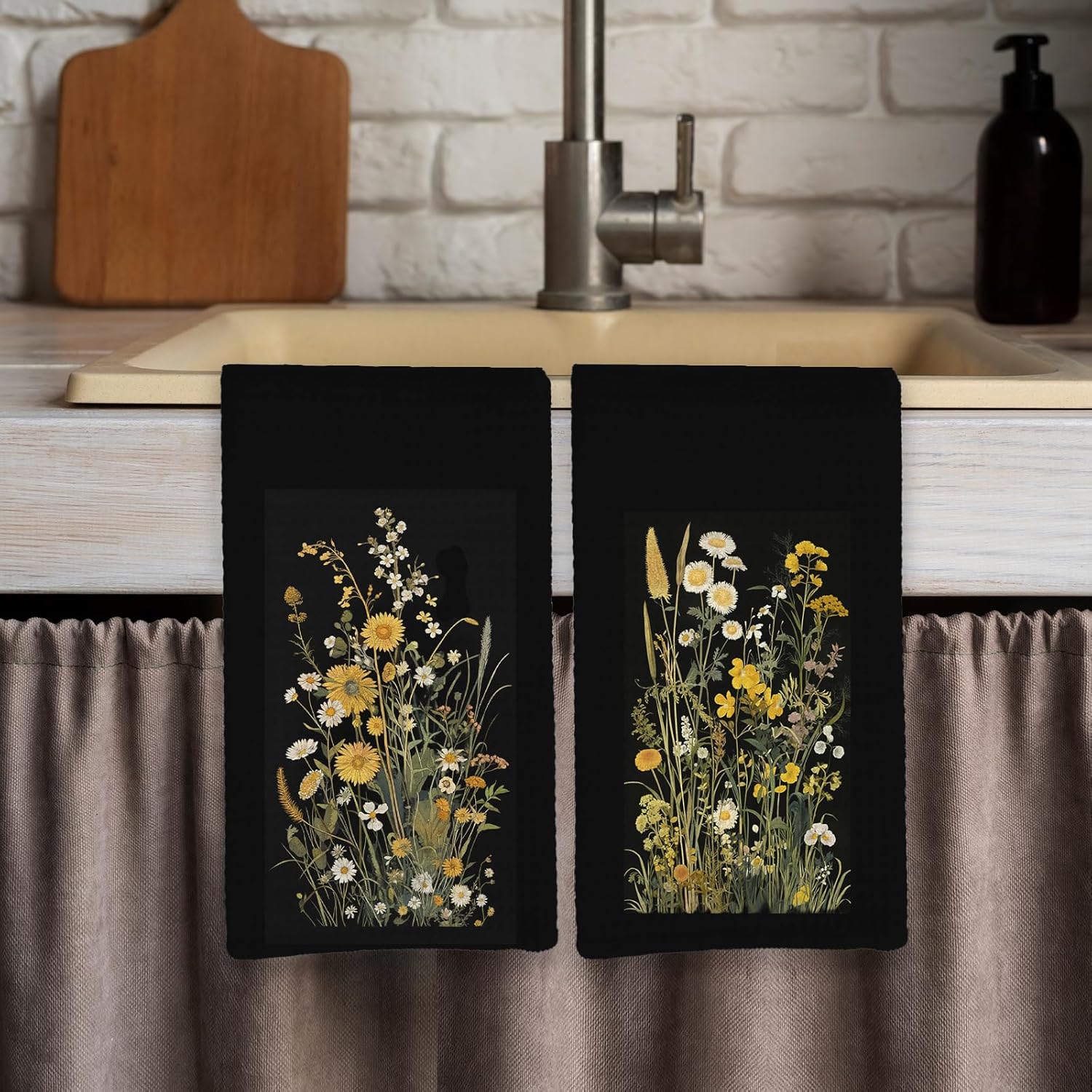 Boho Vintage Floral Kitchen Towels, Botanical Dark Cottagecore Flowers Floral Decorative Kitchen Towels Set, Retro Floral Hand Dish Tea Towels for Farmhouse Kitchen Bathroom 16x24in - Image 6