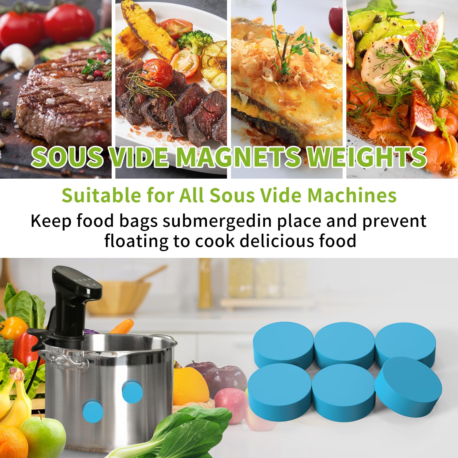 Gnellkoor Sous Vide Weights, 6 Pack Weights Magnet Clips Work on Sous Vide Machines to Keep Food Submerged and Fix, Food Grade Silicone Coated